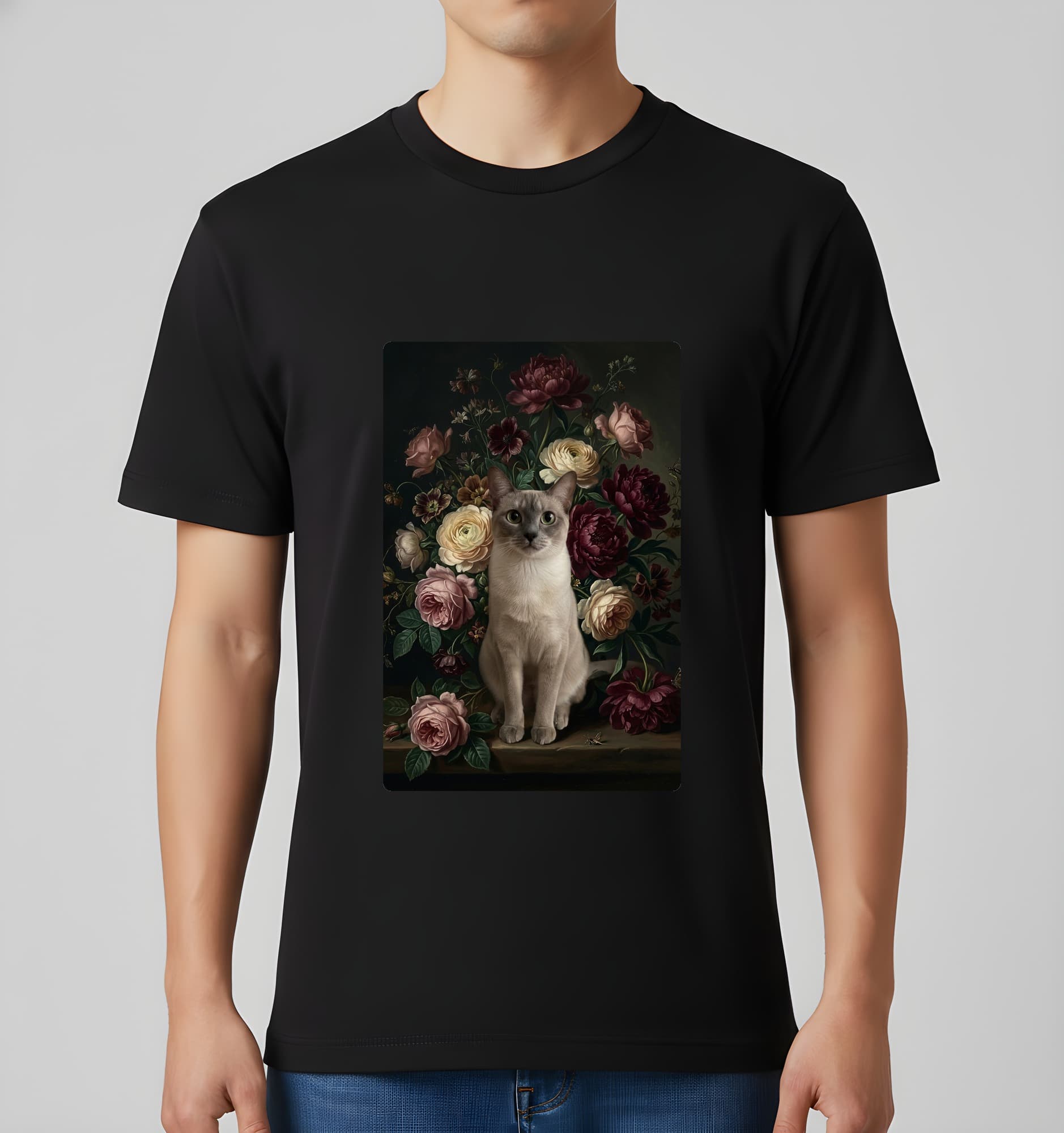 バーミーズの花の油絵風アート花柄Tシャツ(ブラック) 3