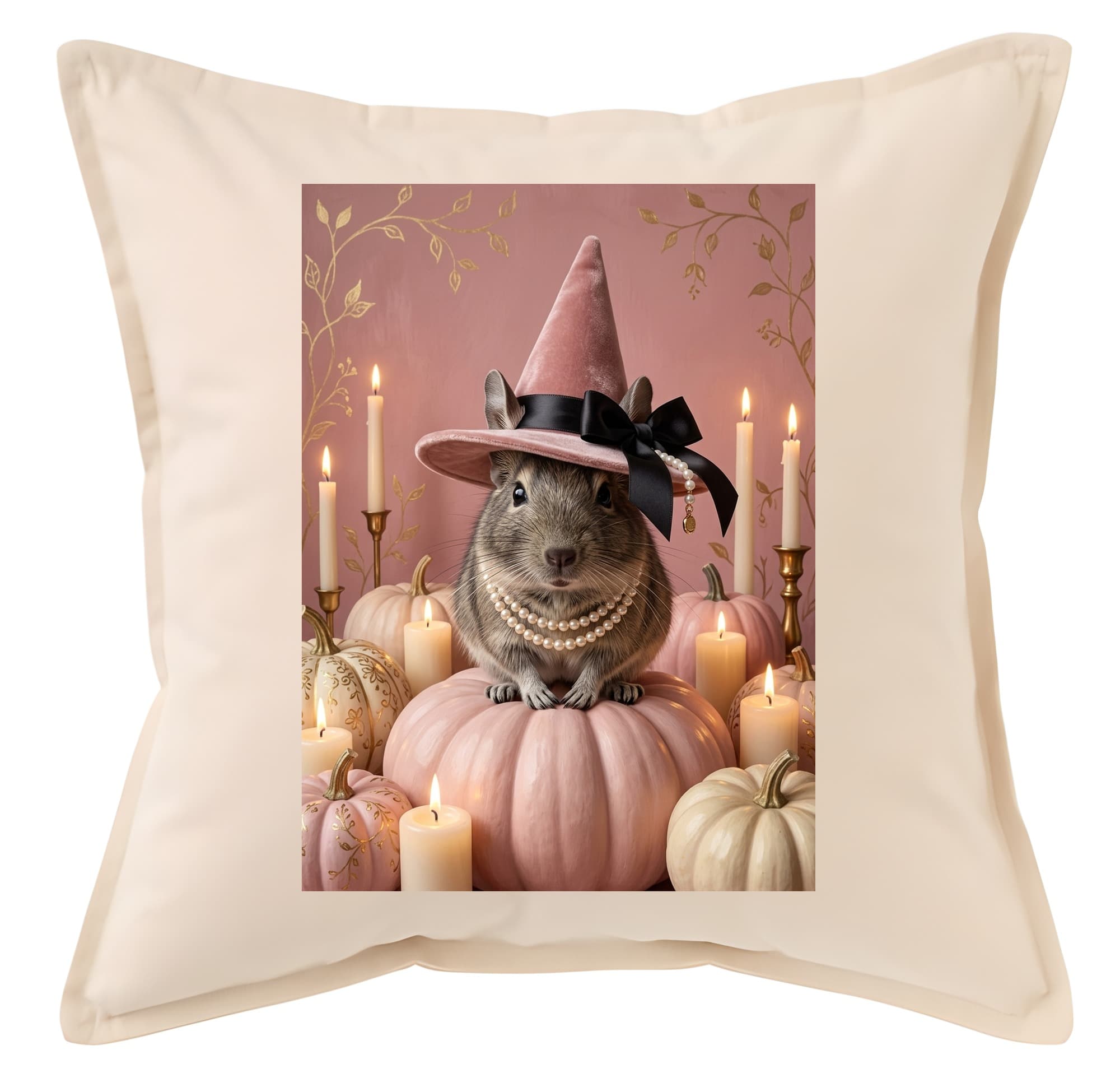 デグーのかぼちゃとキャンドルの油絵風アートハロウィンクッション
