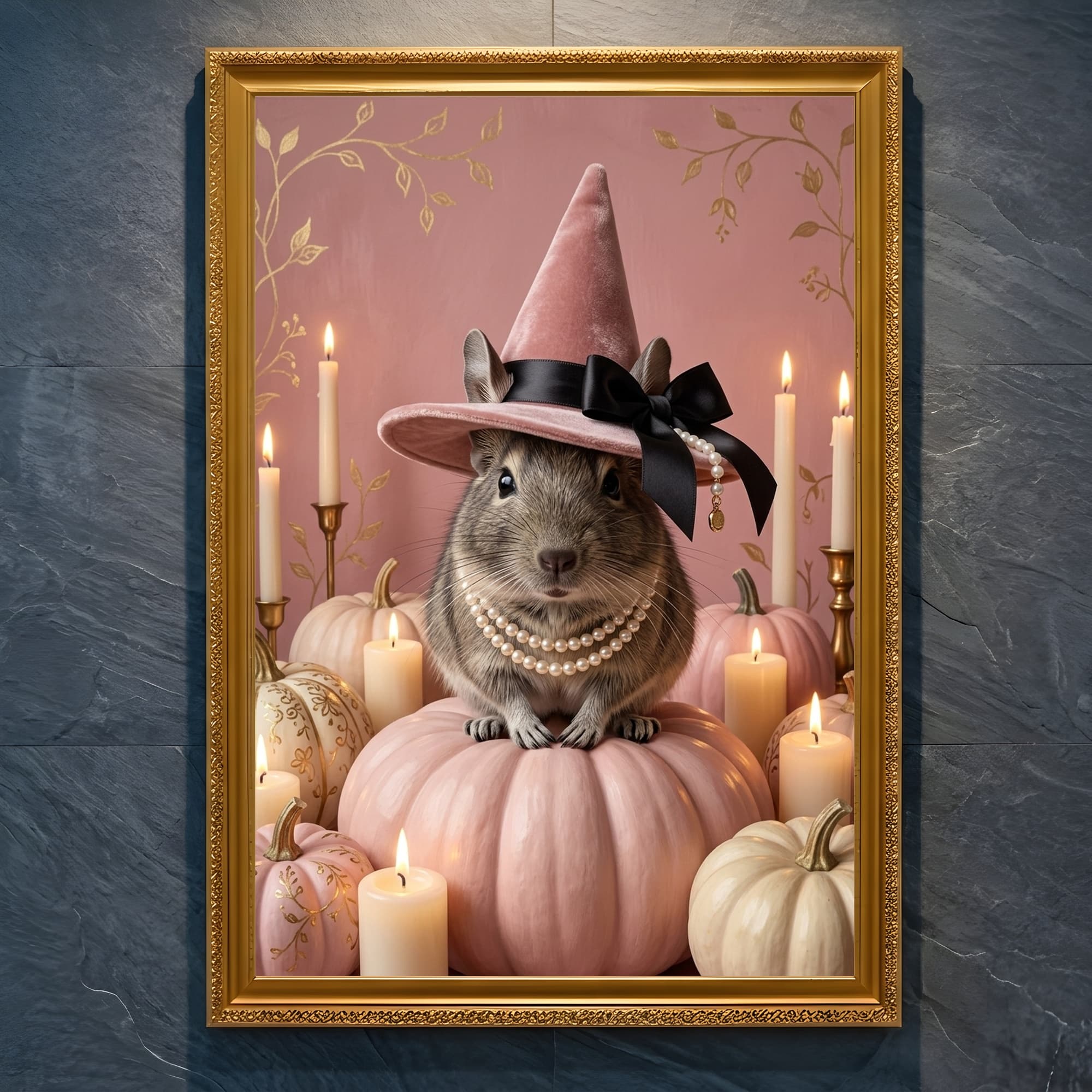 デグーのかぼちゃとキャンドルの油絵風アートハロウィン額装プリント(A4金縁)