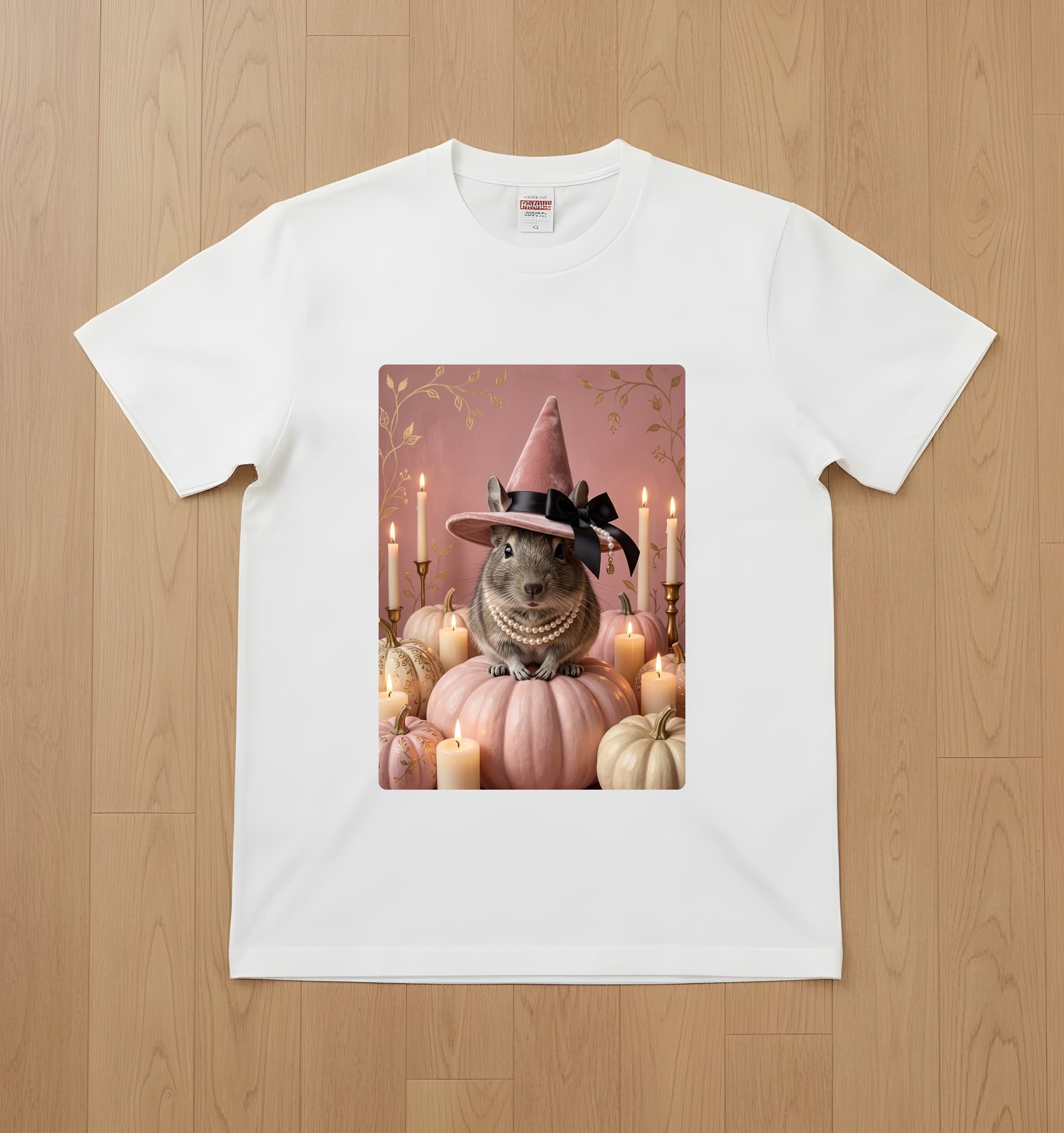 デグーのかぼちゃとキャンドルの油絵風アートハロウィンTシャツ(ホワイト)