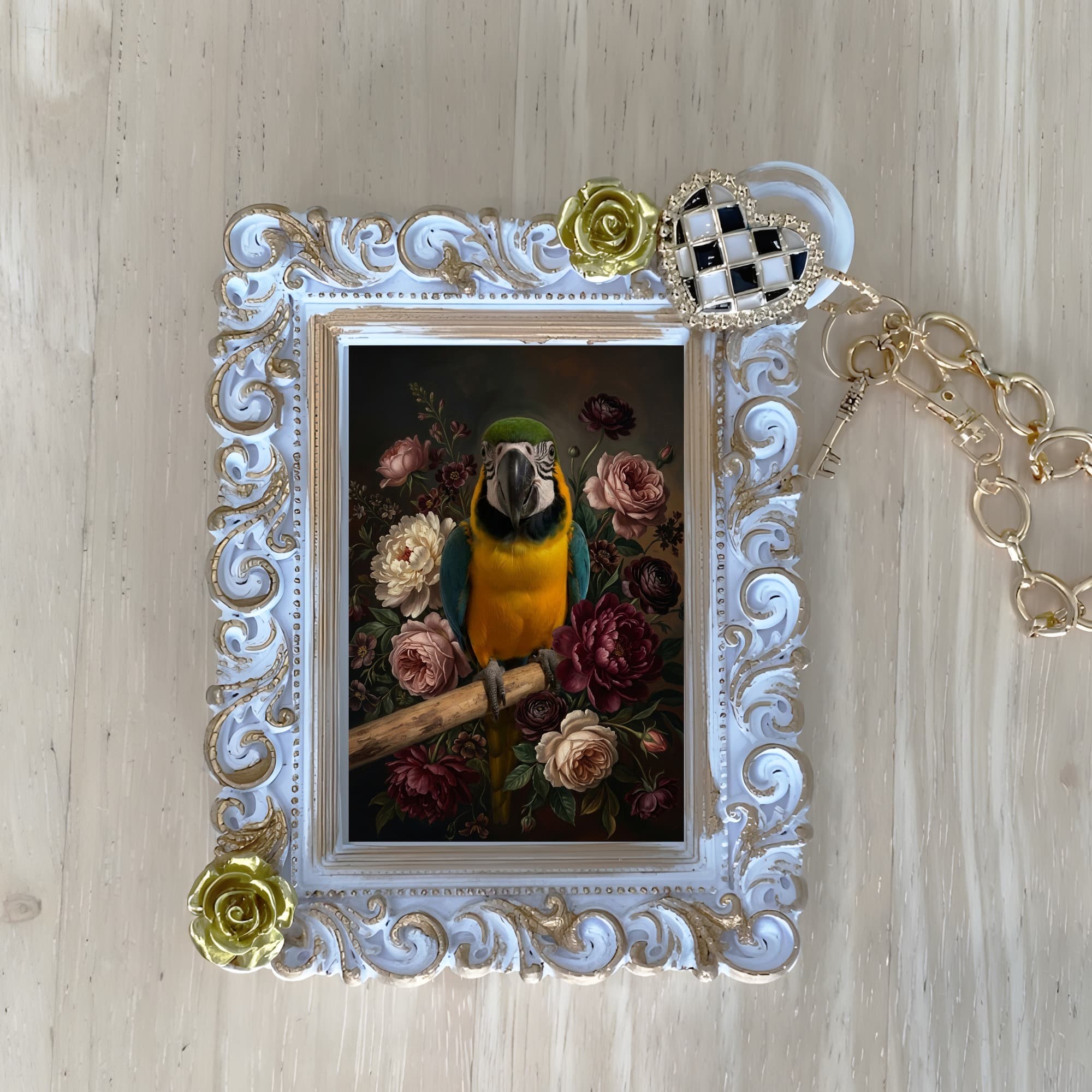 ルリコンゴウインコの花の油絵風アート花柄バッグチャーム(ホワイト)