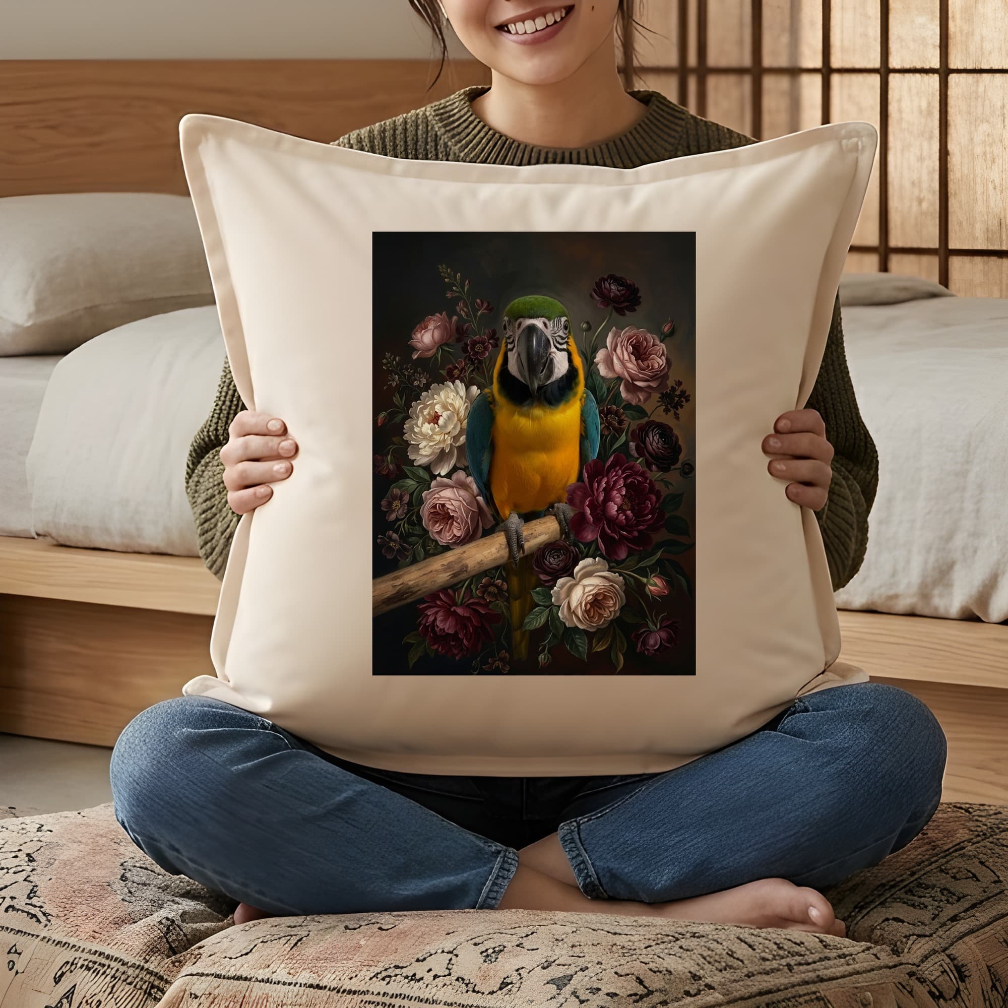 ルリコンゴウインコの花の油絵風アート花柄クッション 3