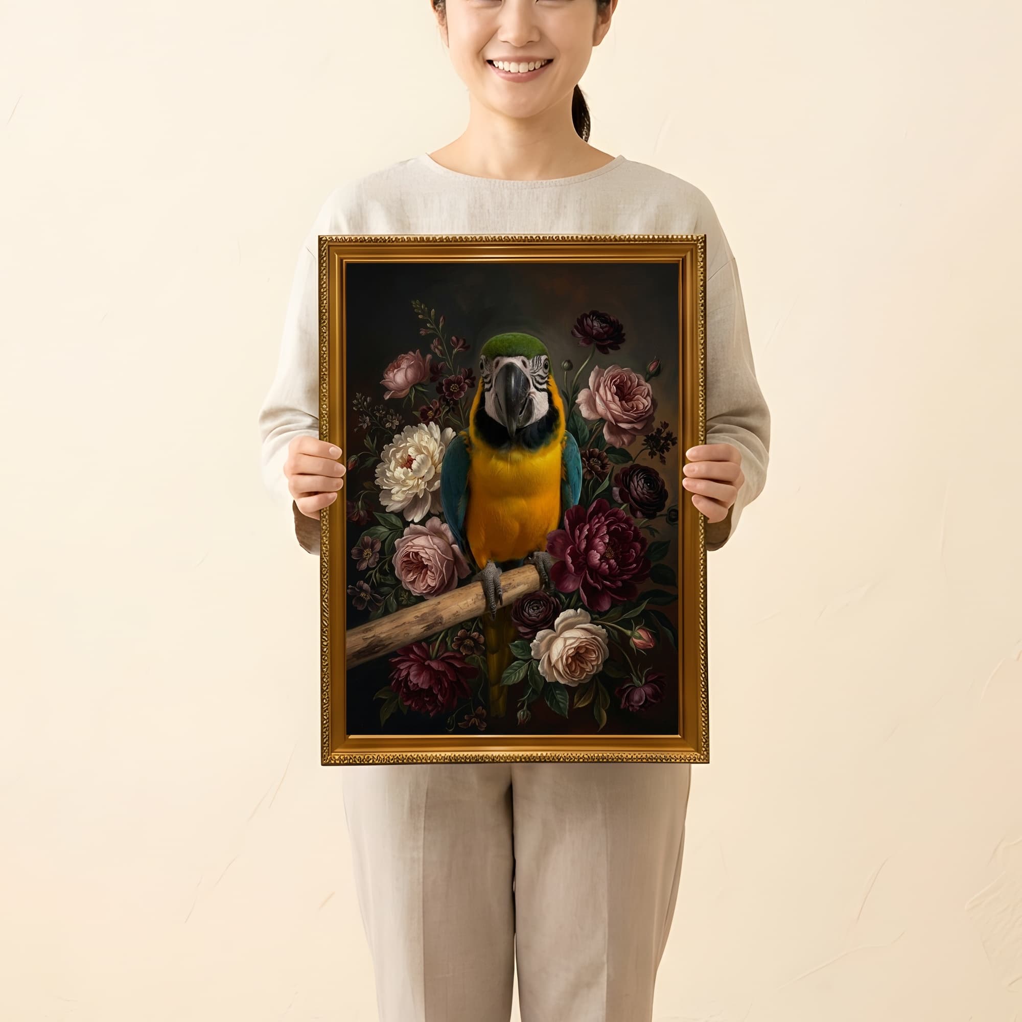 ルリコンゴウインコの花の油絵風アート花柄額装プリント(A3サイズ) 2