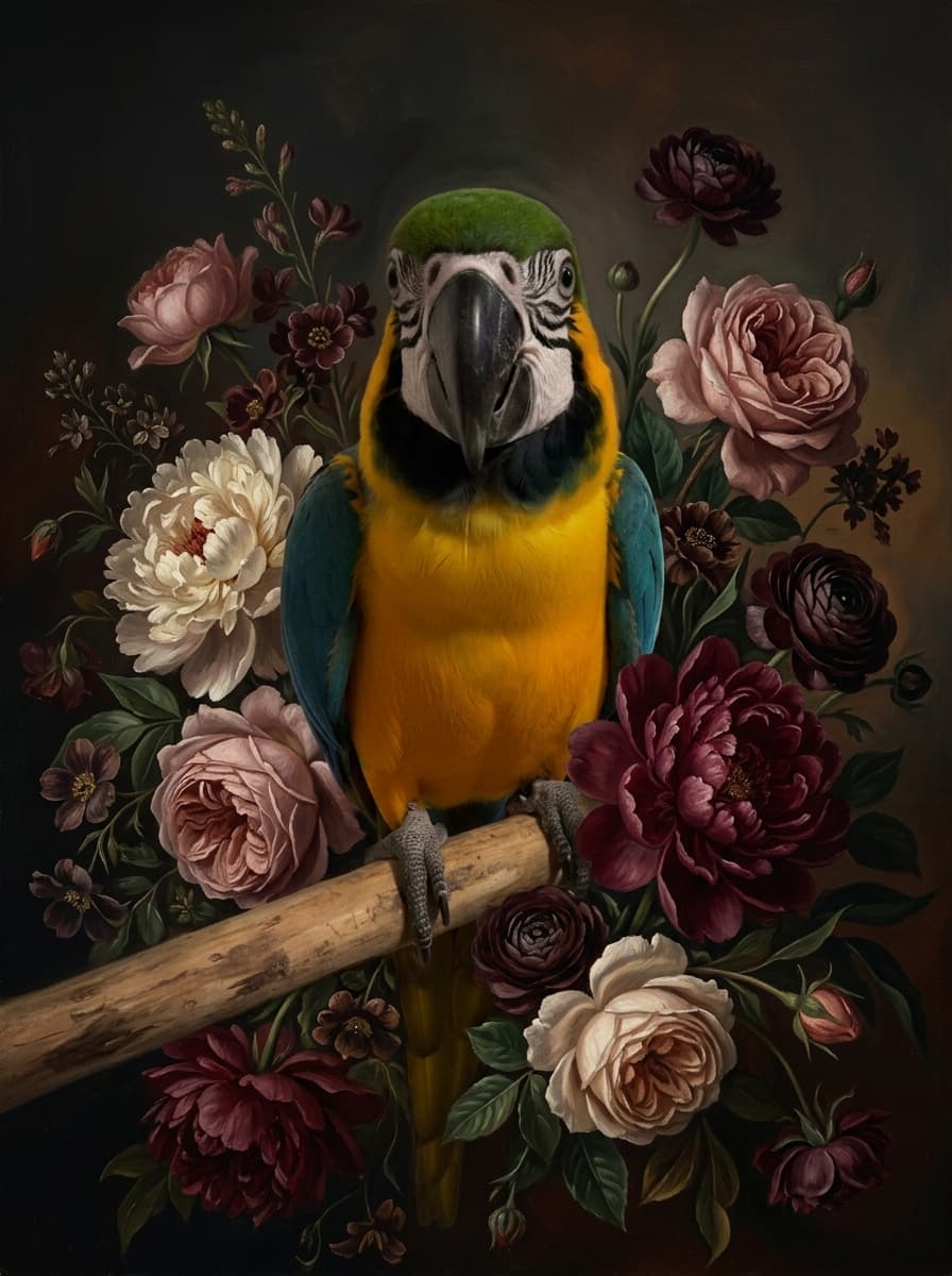 ルリコンゴウインコの花の油絵風アート花柄額装プリント(A3サイズ) 4