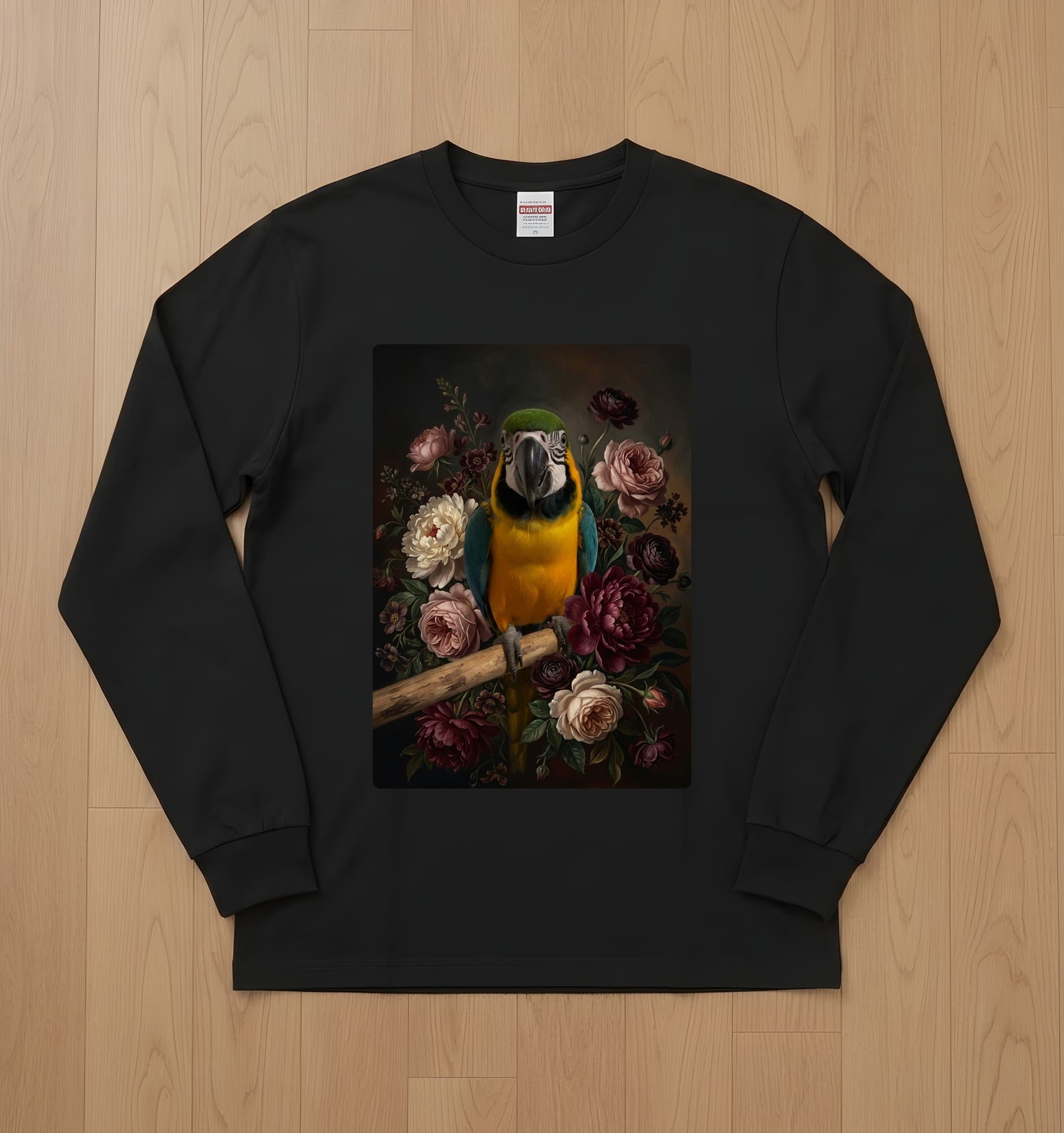 ルリコンゴウインコの花の油絵風アート花柄長袖Tシャツ(ブラック)