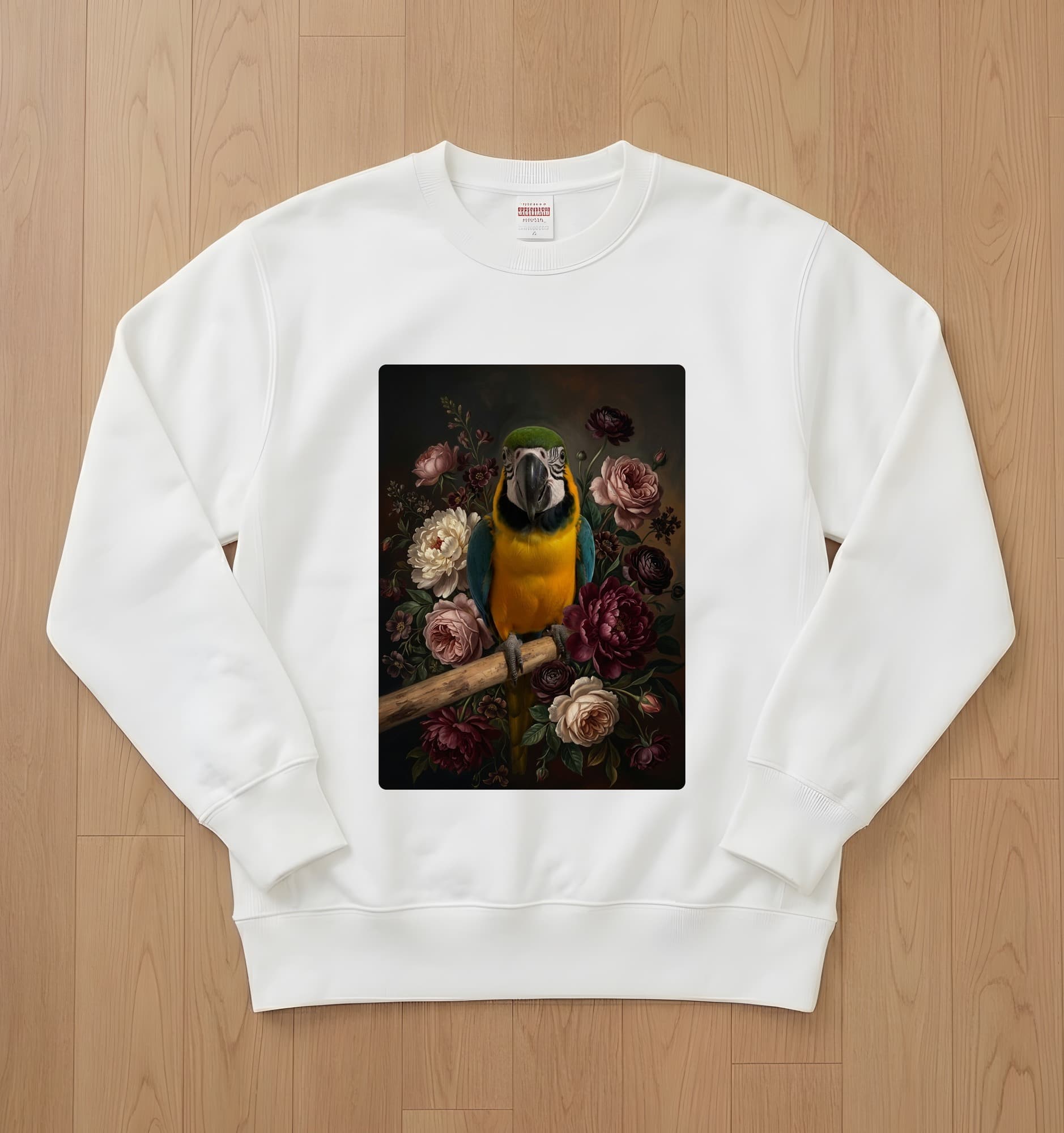 Blue-and-yellow Macaw Floral Oil-Painting Floral Sweatshirt (White)