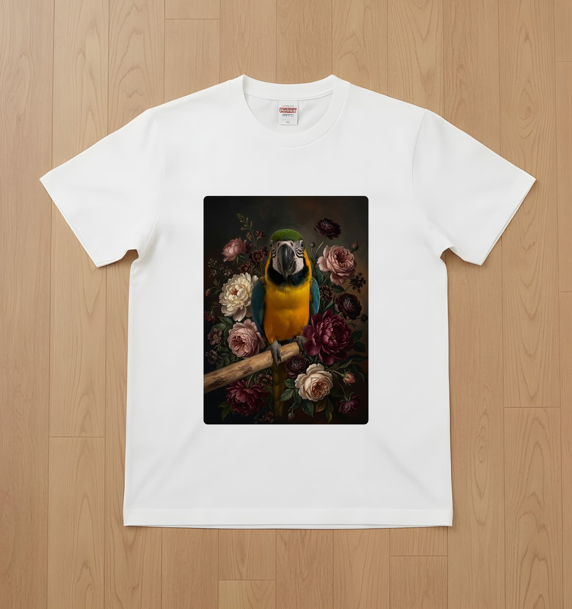 ルリコンゴウインコの花の油絵風アート花柄Tシャツ(ホワイト)
