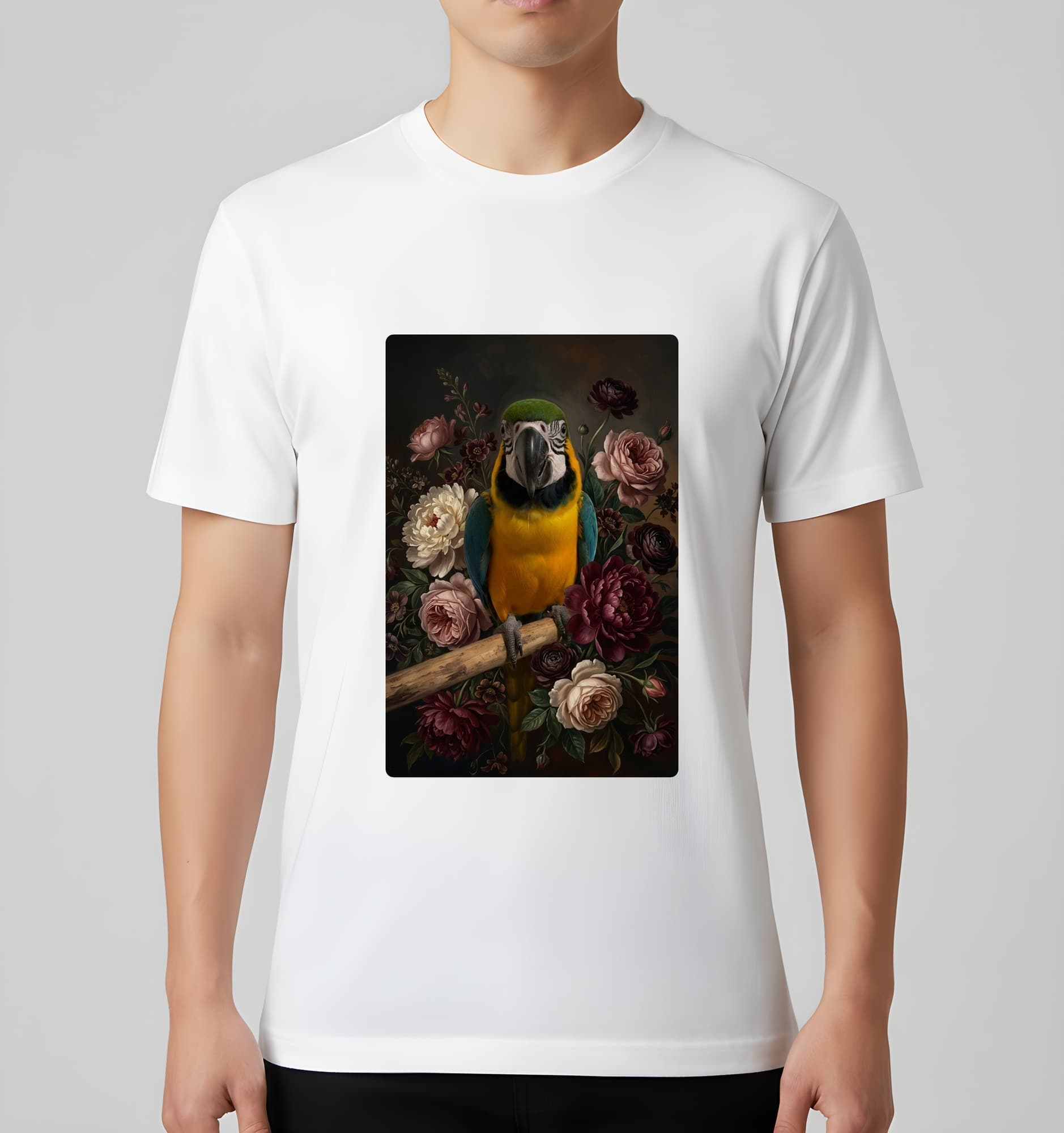 ルリコンゴウインコの花の油絵風アート花柄Tシャツ(ホワイト) 3