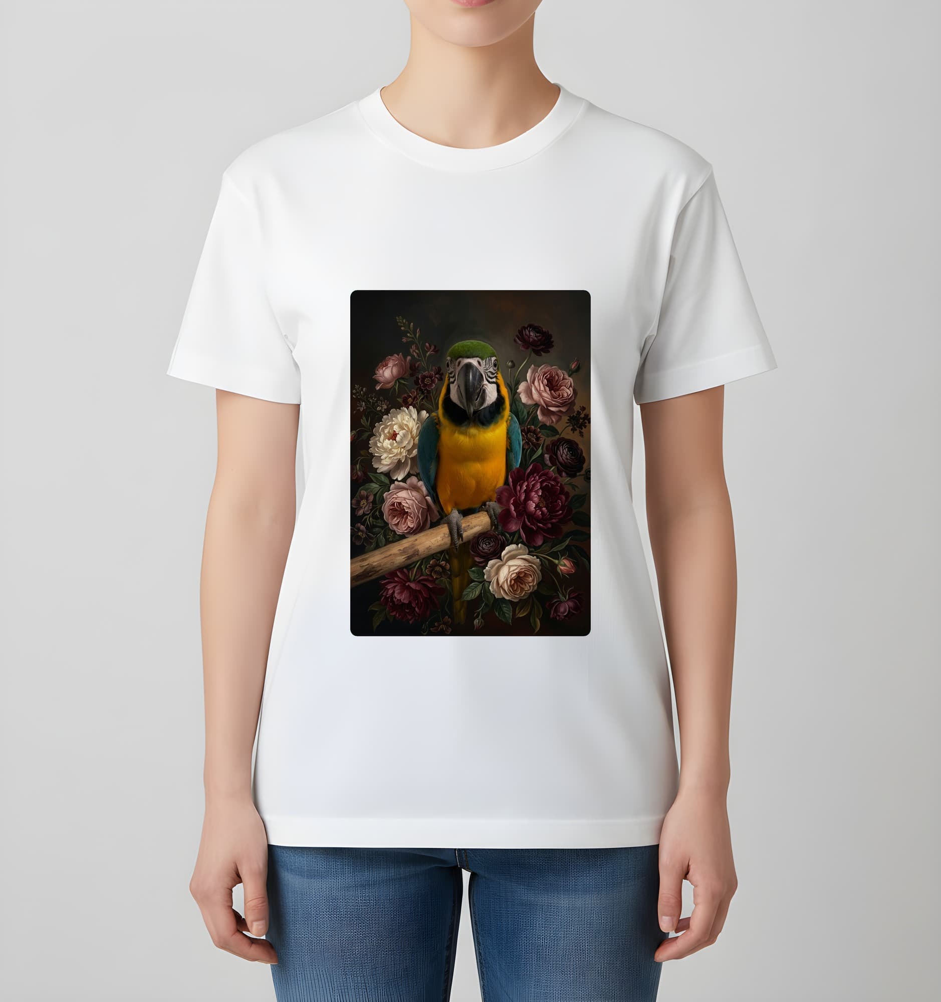 ルリコンゴウインコの花の油絵風アート花柄Tシャツ(ホワイト) 4