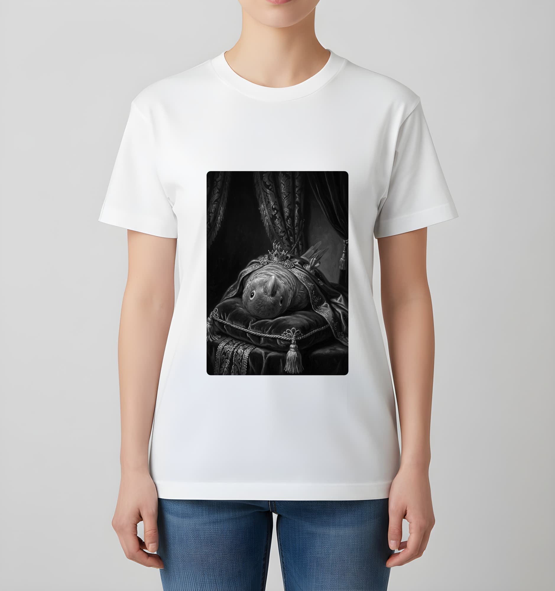 オオハナインコのルネサンス肖像画Tシャツ(ホワイト・モノクロプリント・額縁なし) 4