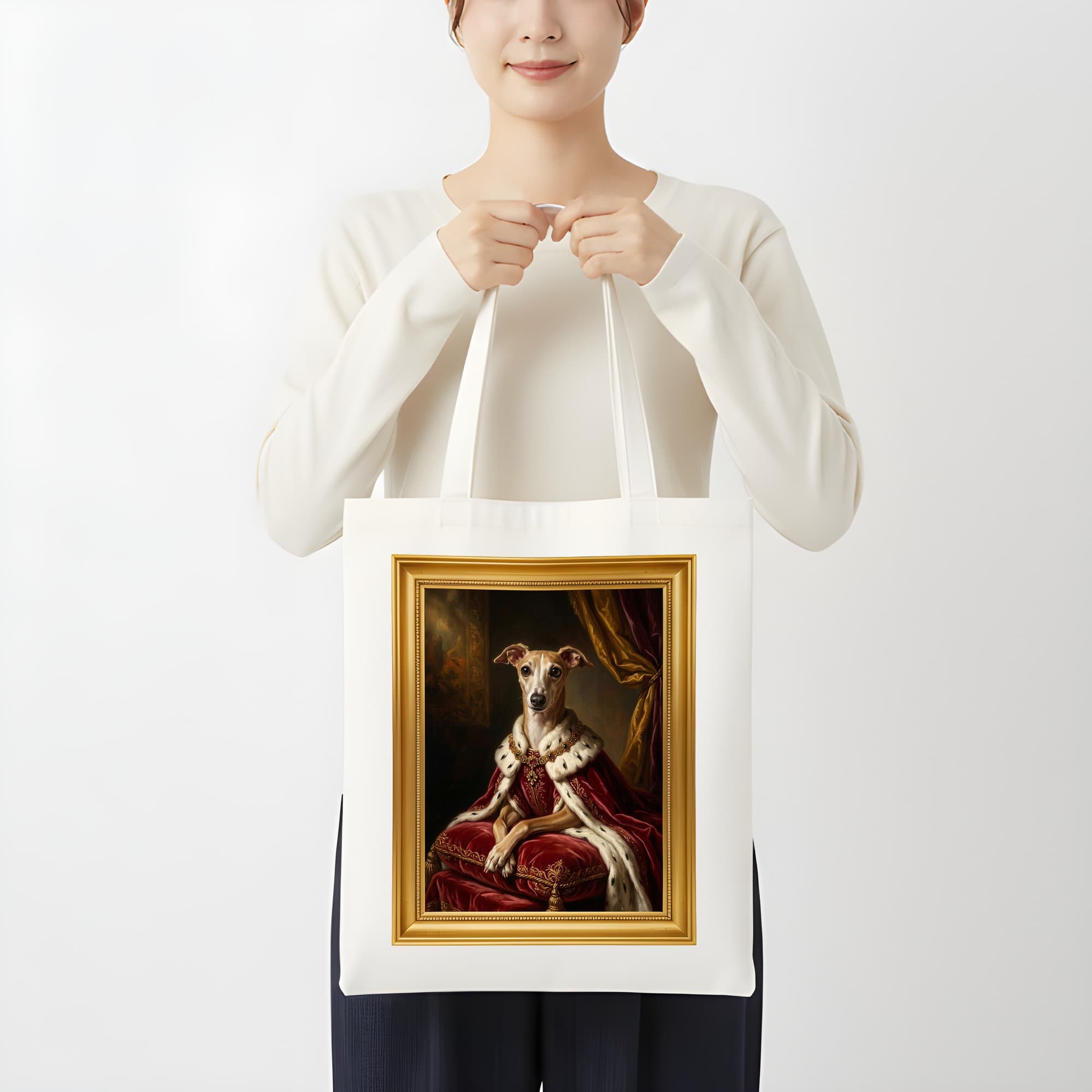 イタリアングレーハウンドのルネサンス肖像画トートバッグ(カラープリント・額縁デザインあり) 3