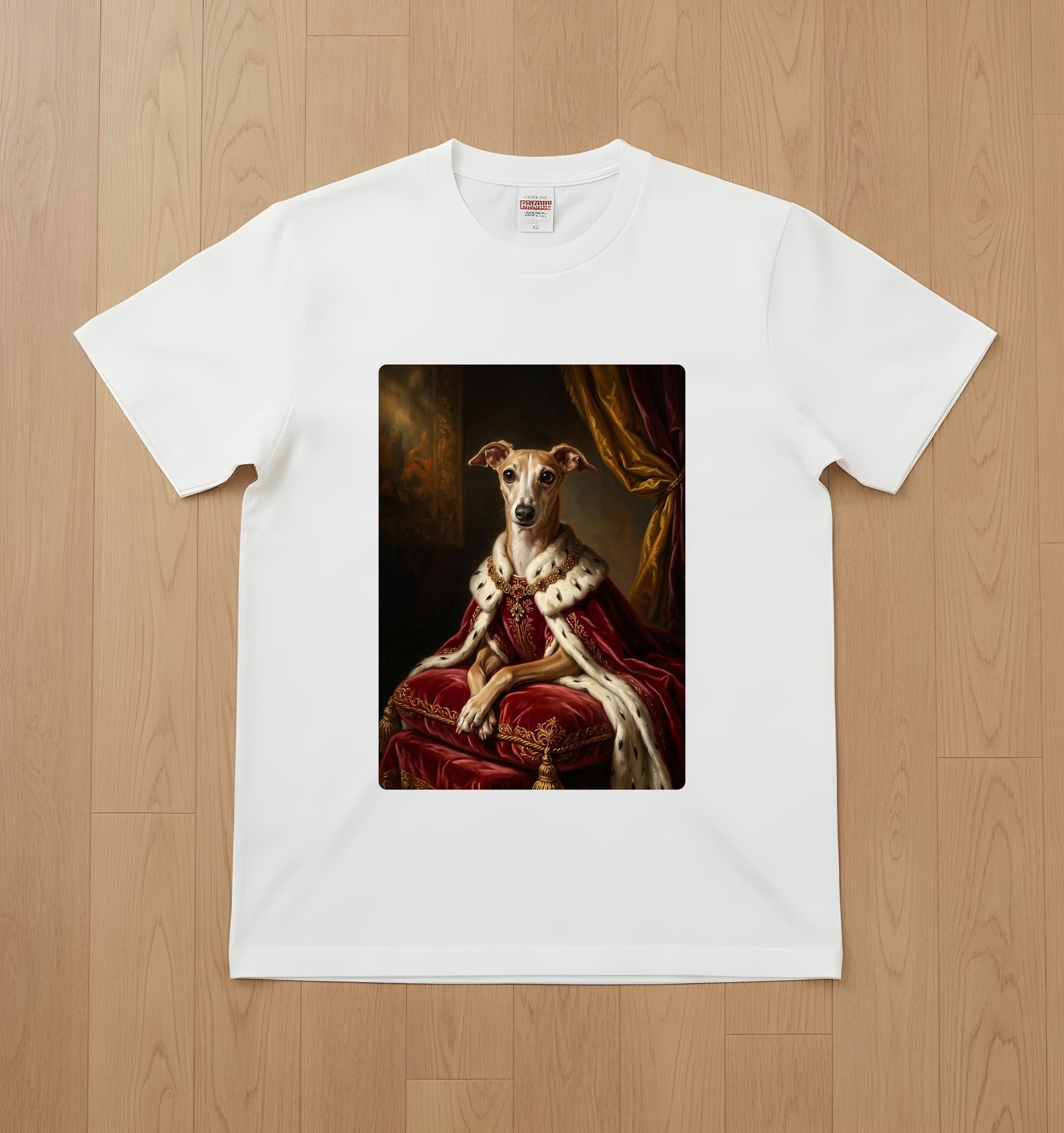 イタリアングレーハウンドのルネサンス肖像画Tシャツ(ホワイト・カラープリント・額縁なし)
