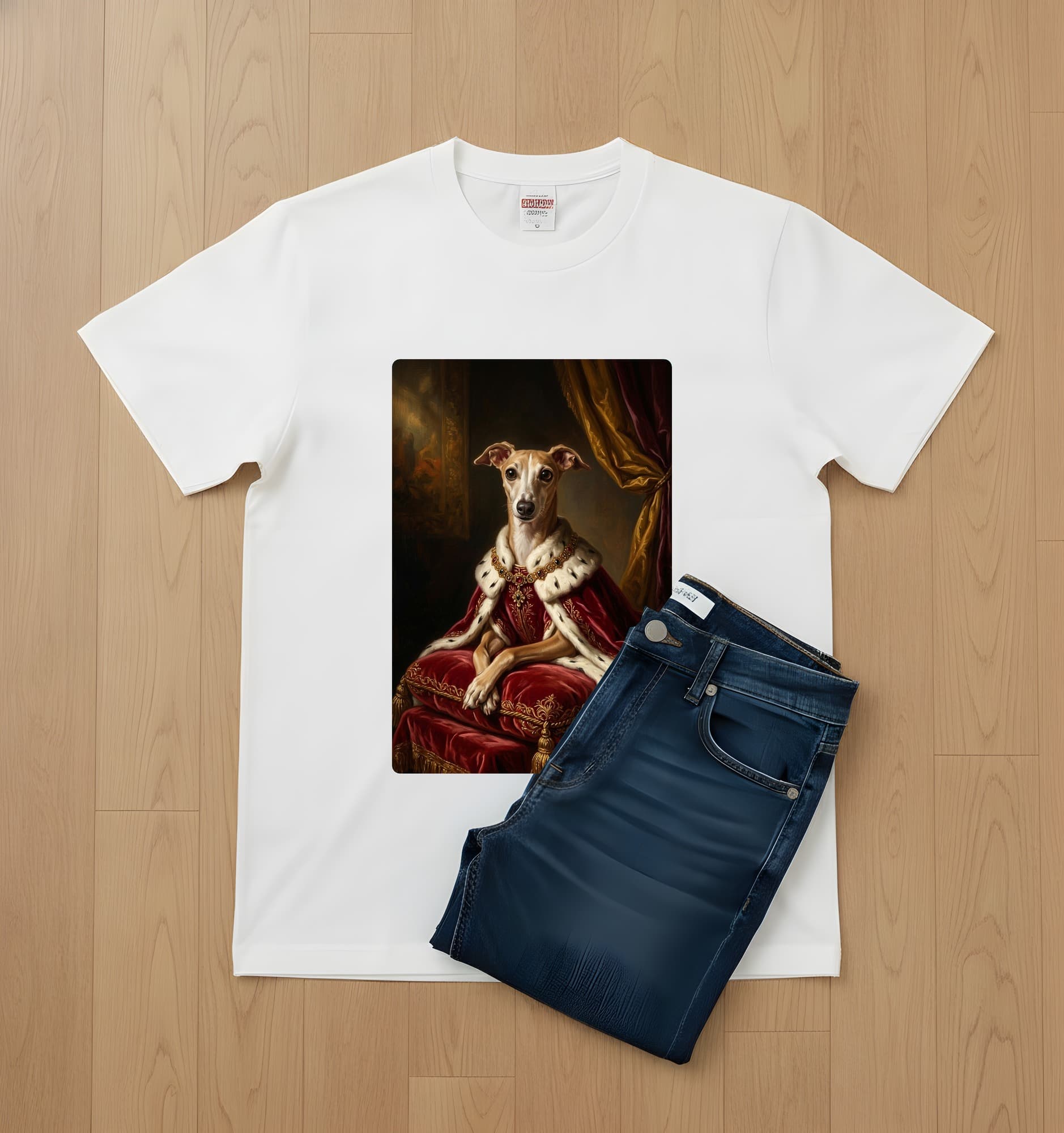 イタリアングレーハウンドのルネサンス肖像画Tシャツ(ホワイト・カラープリント・額縁なし) 2