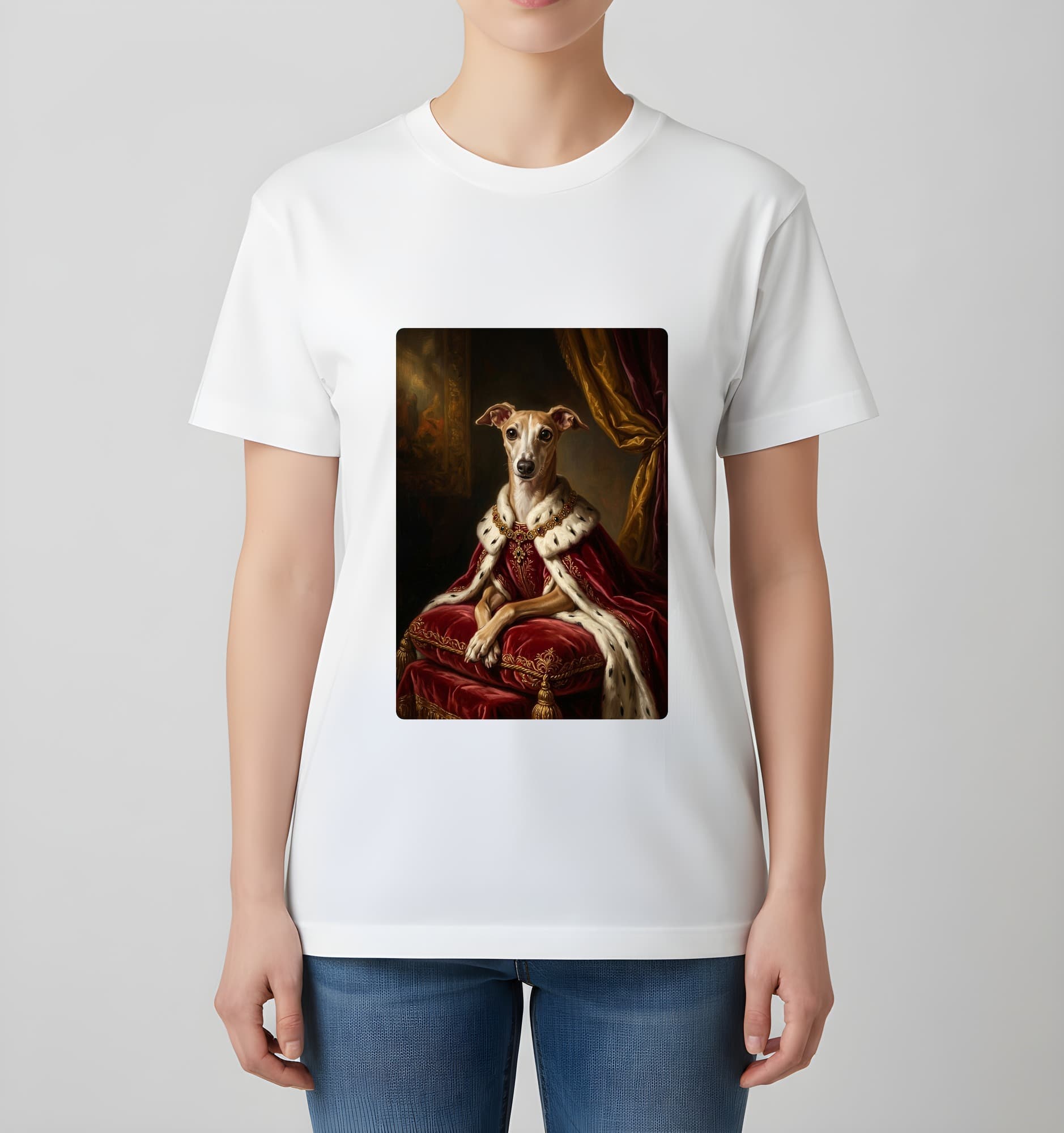 イタリアングレーハウンドのルネサンス肖像画Tシャツ(ホワイト・カラープリント・額縁なし) 4