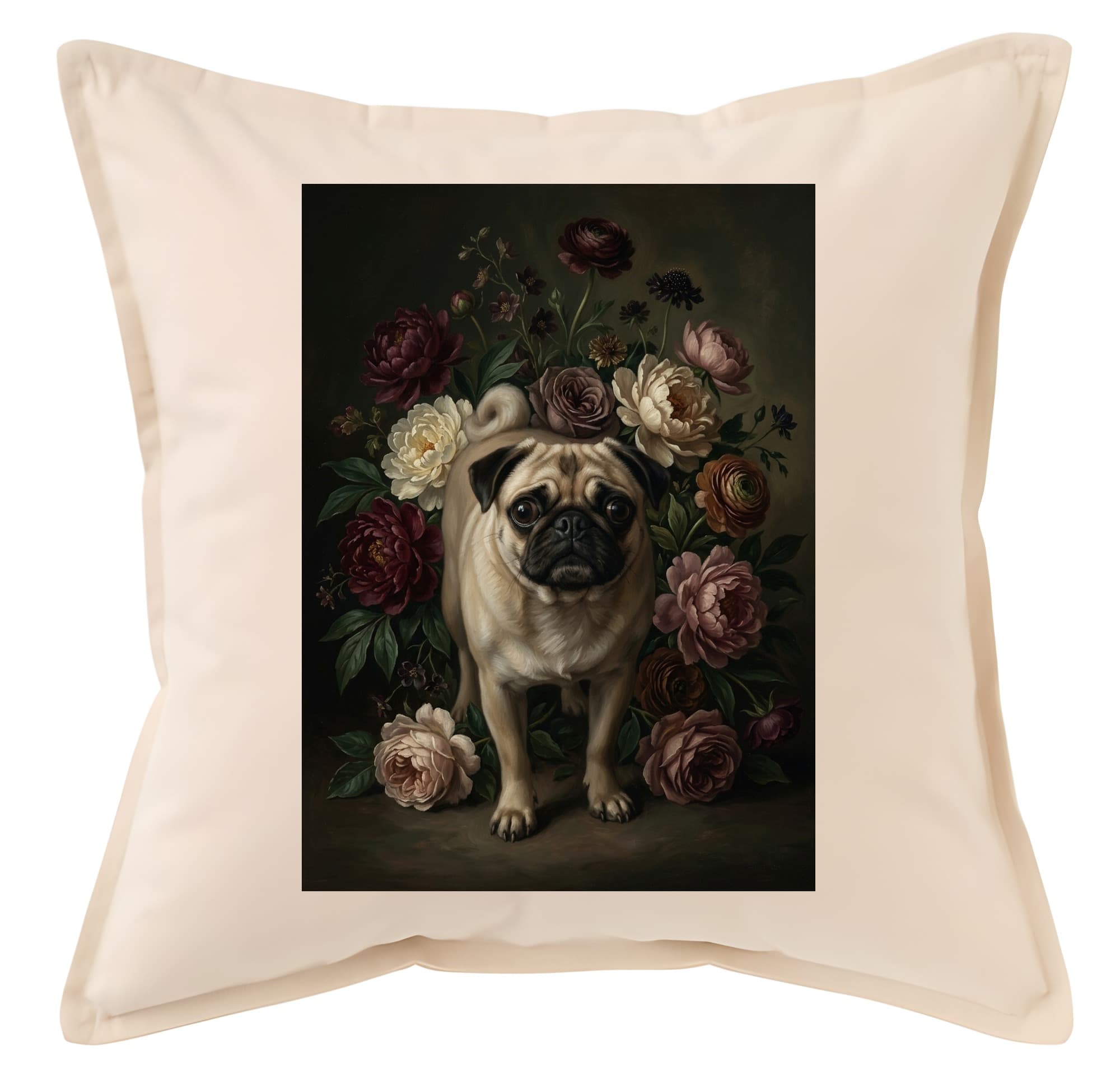 pug Floral Oil-Painting Floral Cushion