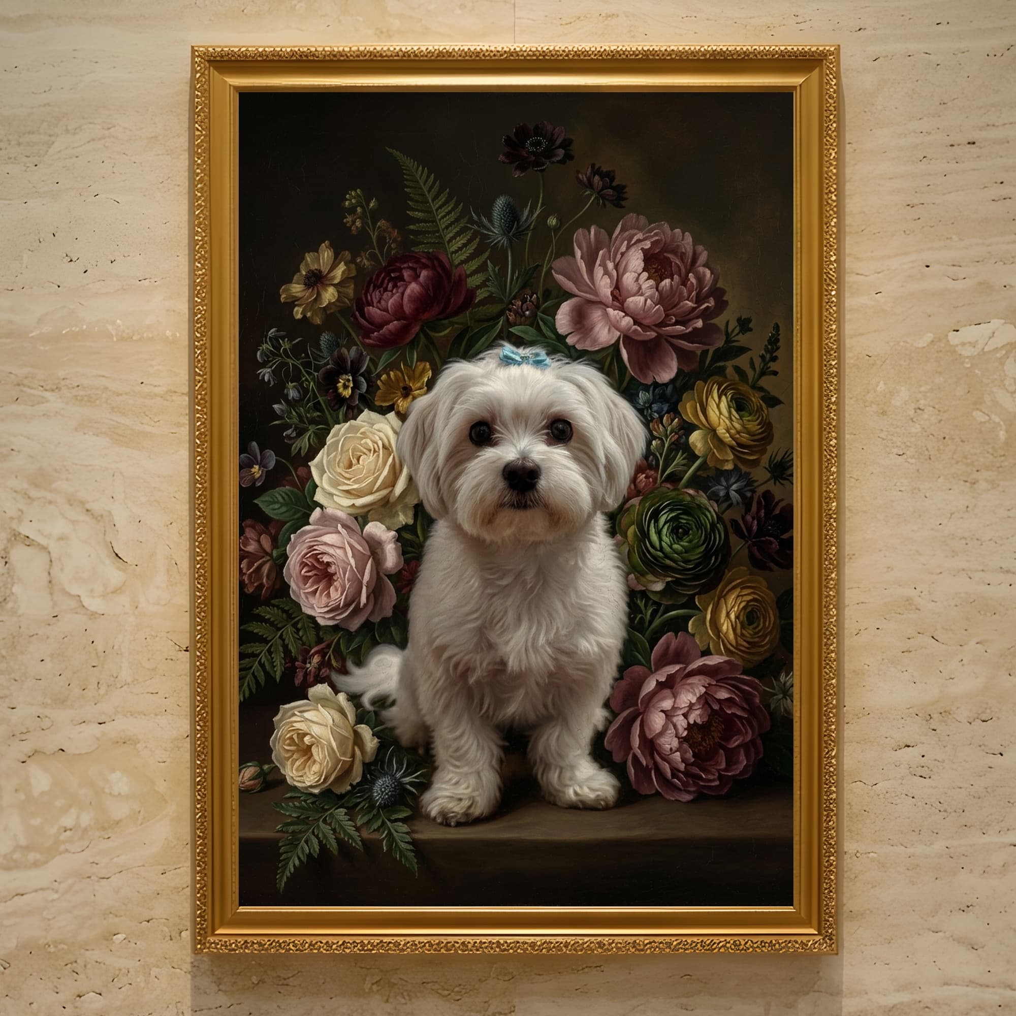 マルチーズの花の油絵風アート花柄額装プリント(A3サイズ)