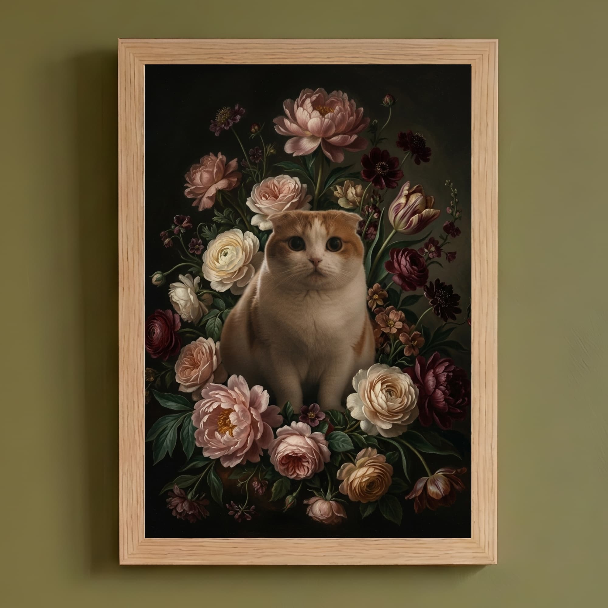 スコティッシュフォールドの花の油絵風アート花柄額装プリント(A4サイズ)