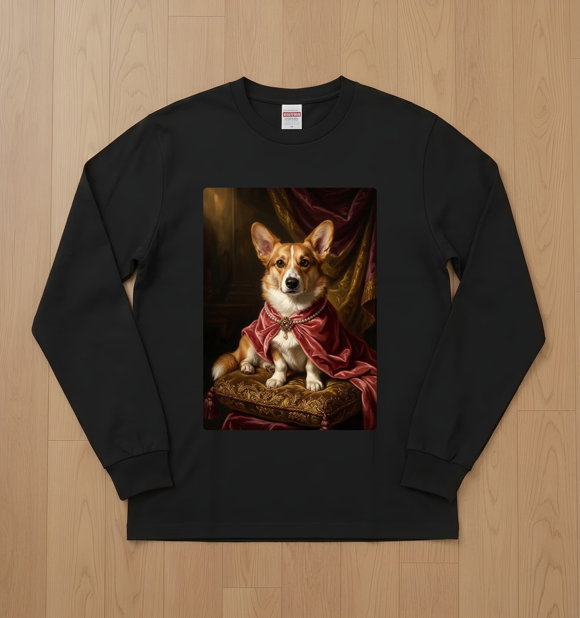 コーギーのルネサンス肖像画長袖Tシャツ(ブラック)