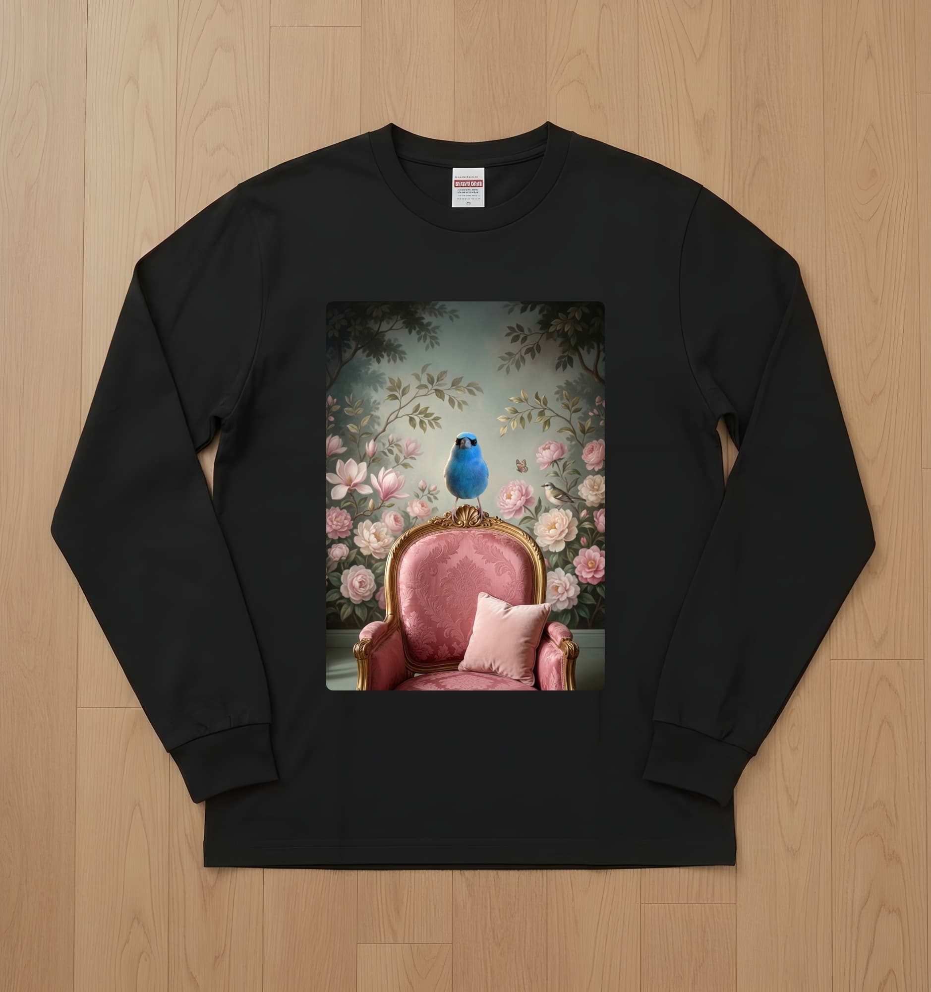 セイキチョウのシャビーピンクの油絵風アートロココ調長袖Tシャツ(ブラック)