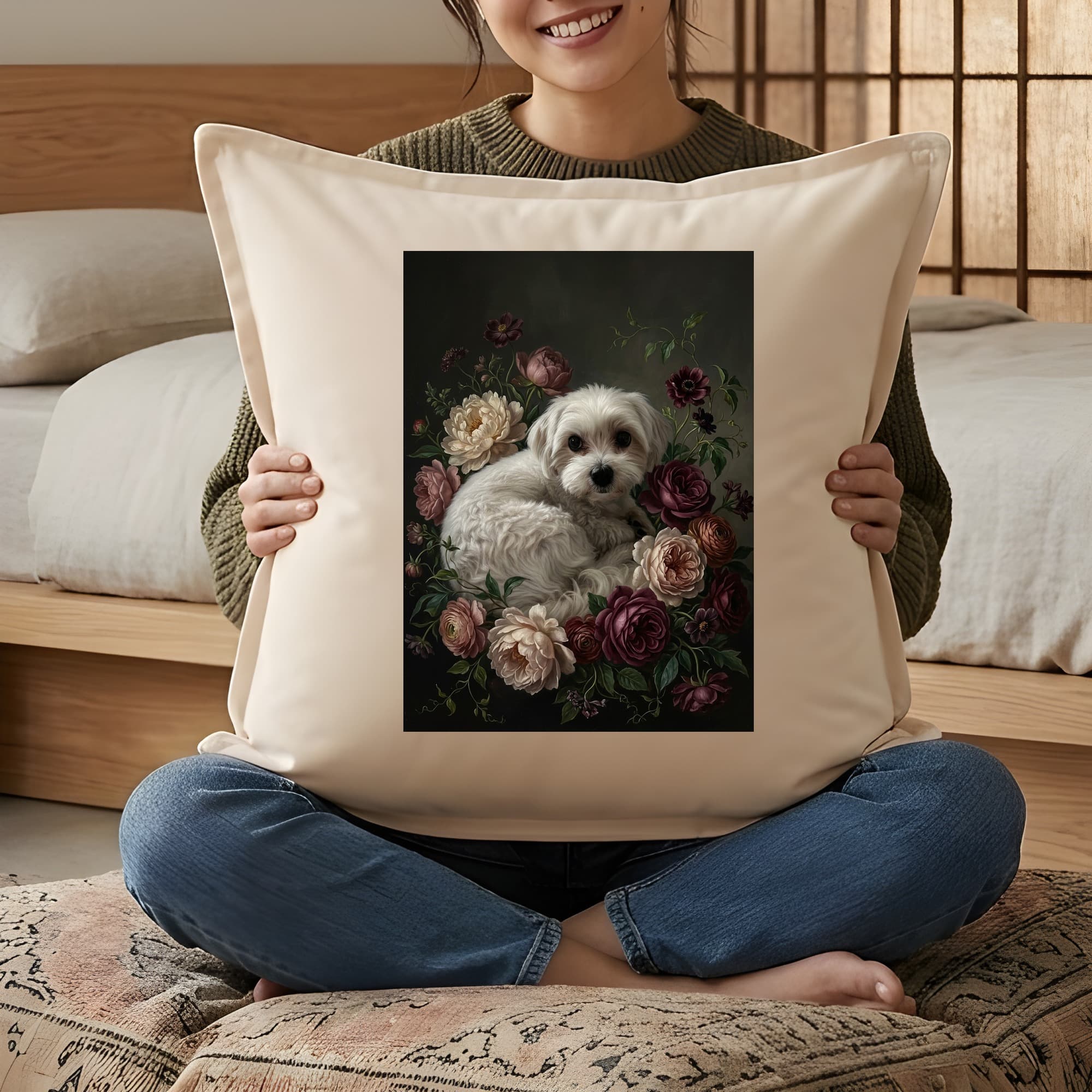 マルチーズの花の油絵風アート花柄クッション 3