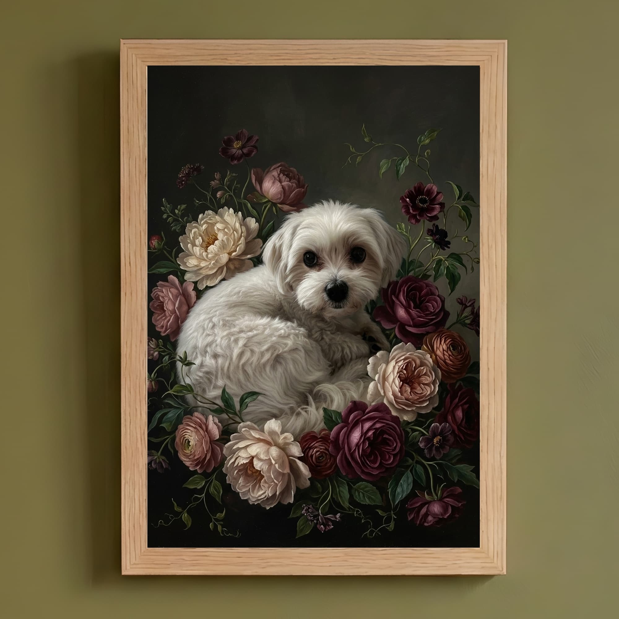 マルチーズの花の油絵風アート花柄額装プリント(A3サイズ)