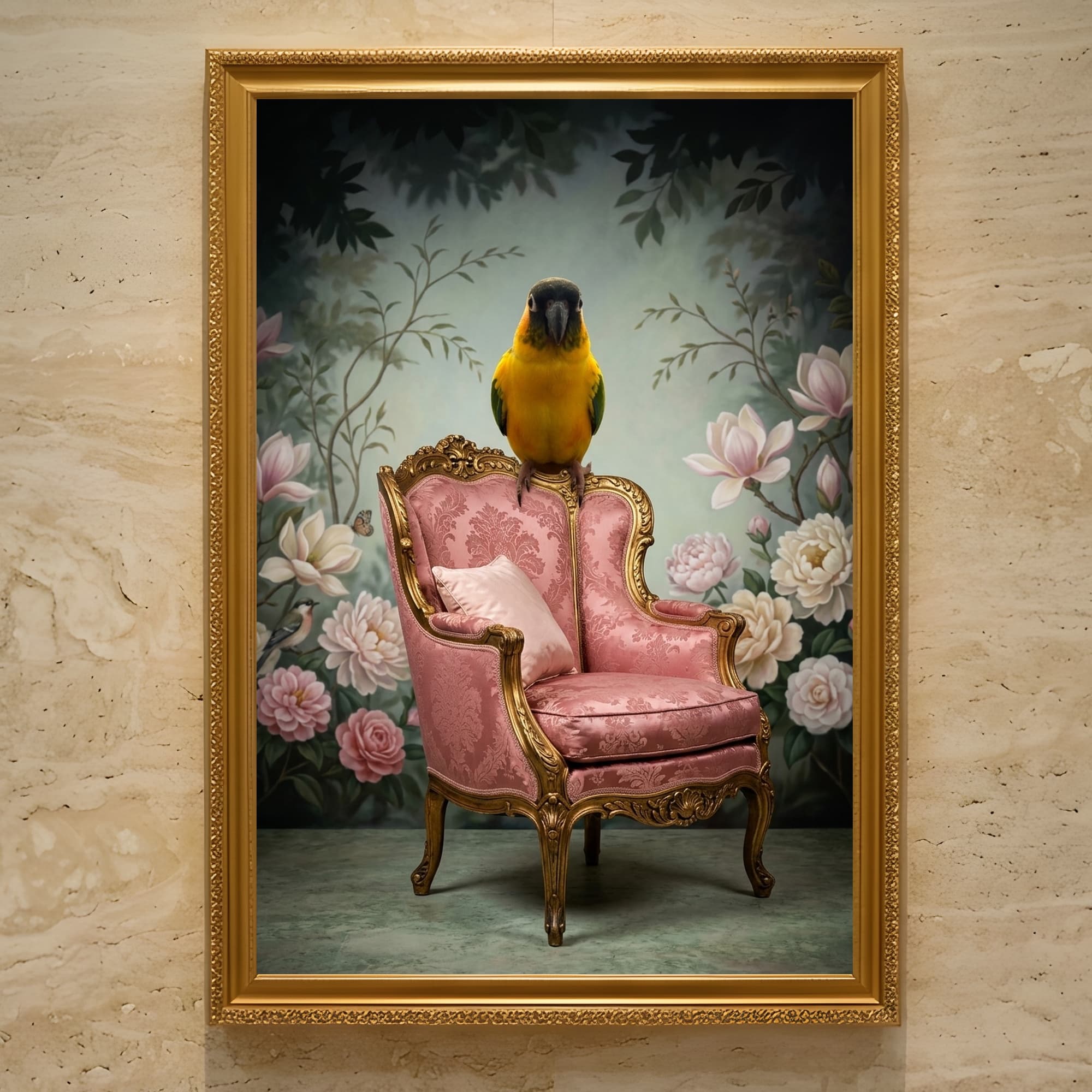 Black-headed Caique Shabby Pink Oil-Painting Rococo Framed Art Print (A3)
