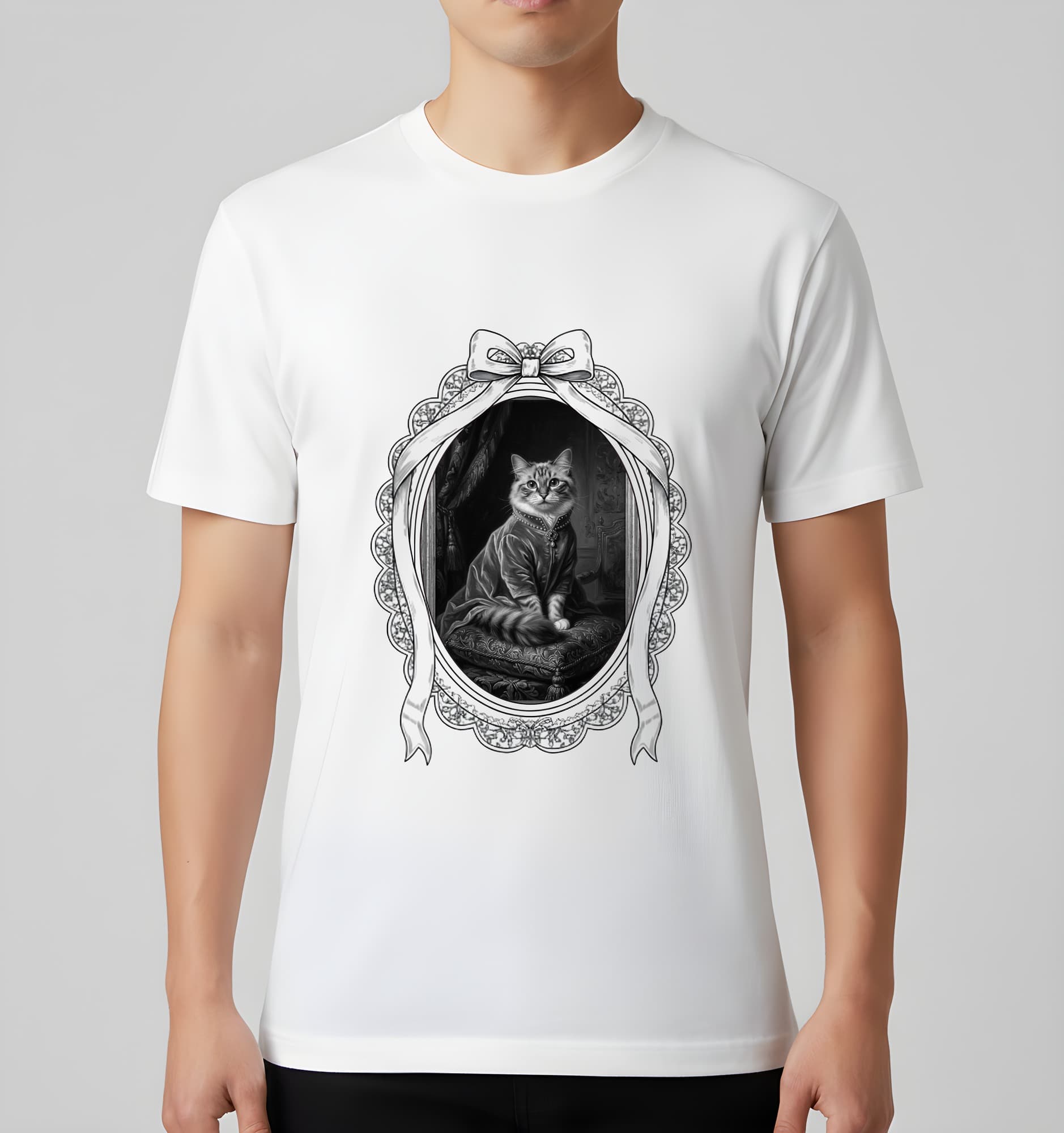 ラグドールのルネサンス肖像画Tシャツ(ホワイト・モノクロプリント・額縁デザインあり) 3