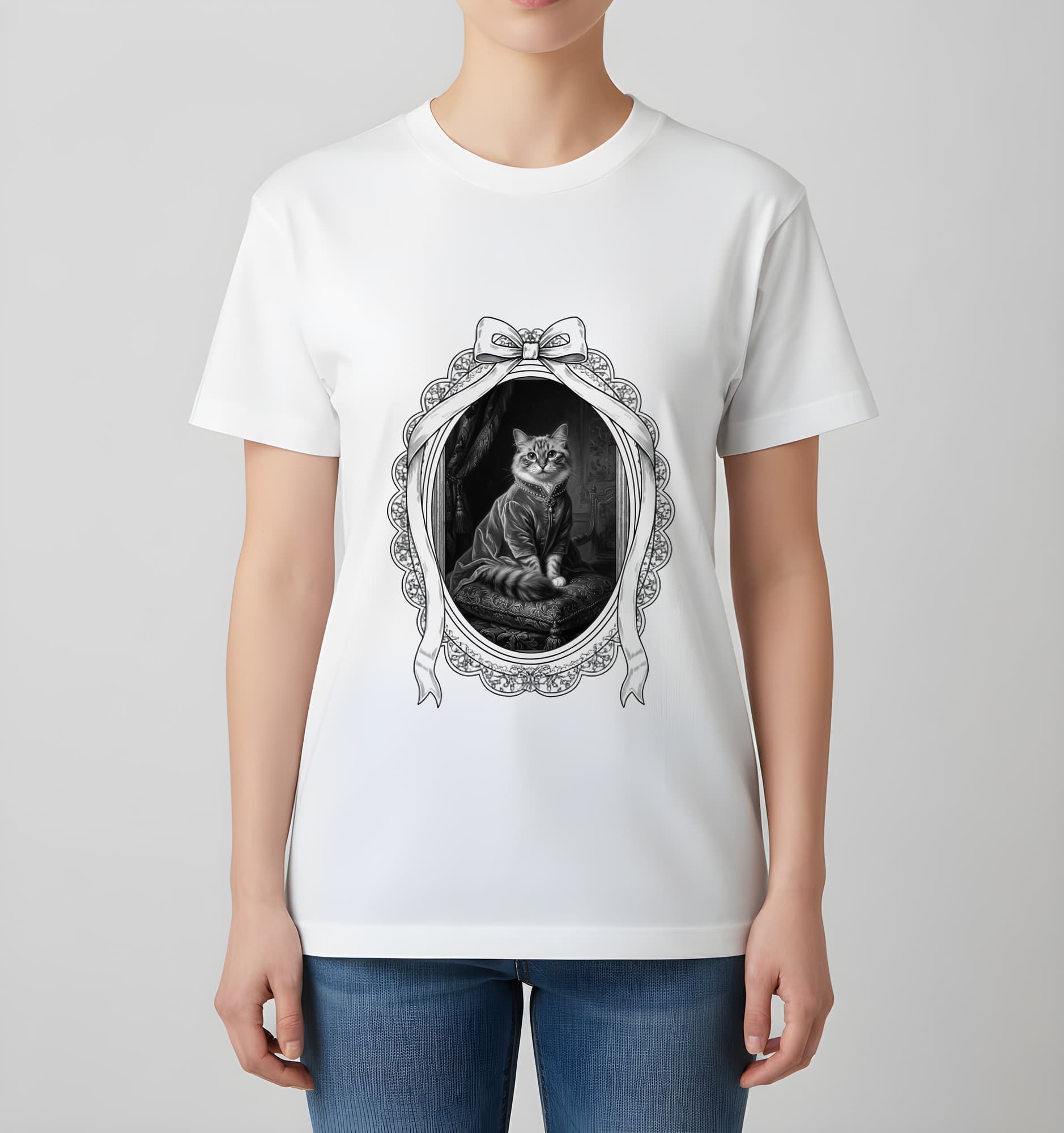 ラグドールのルネサンス肖像画Tシャツ(ホワイト・モノクロプリント・額縁デザインあり) 4