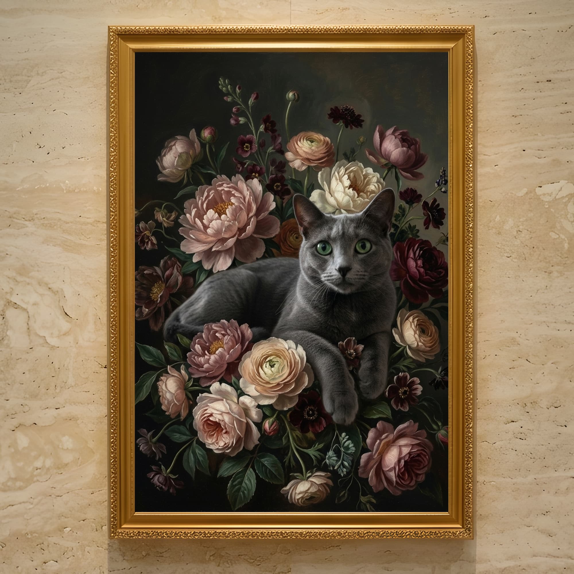ロシアンブルーの花の油絵風アート花柄額装プリント(A3サイズ)