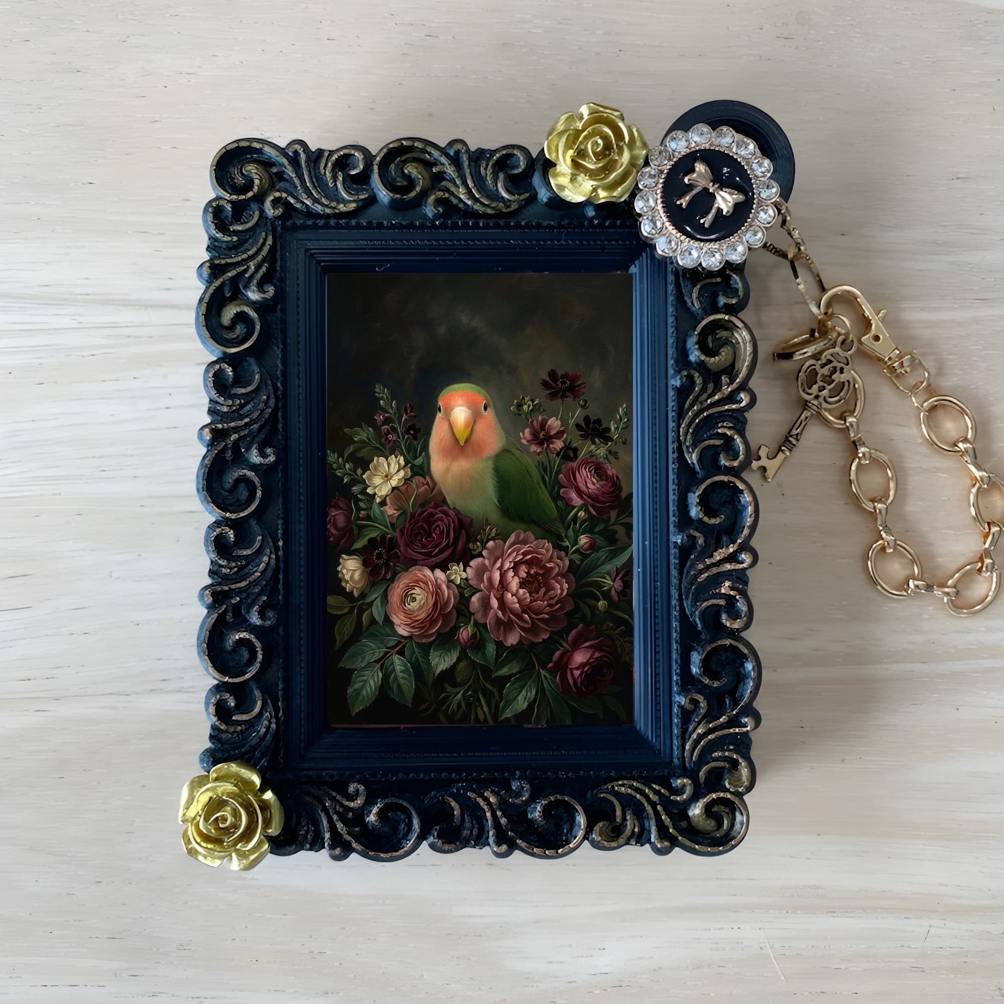 コザクラインコの花の油絵風アート花柄バッグチャーム(ブラック)