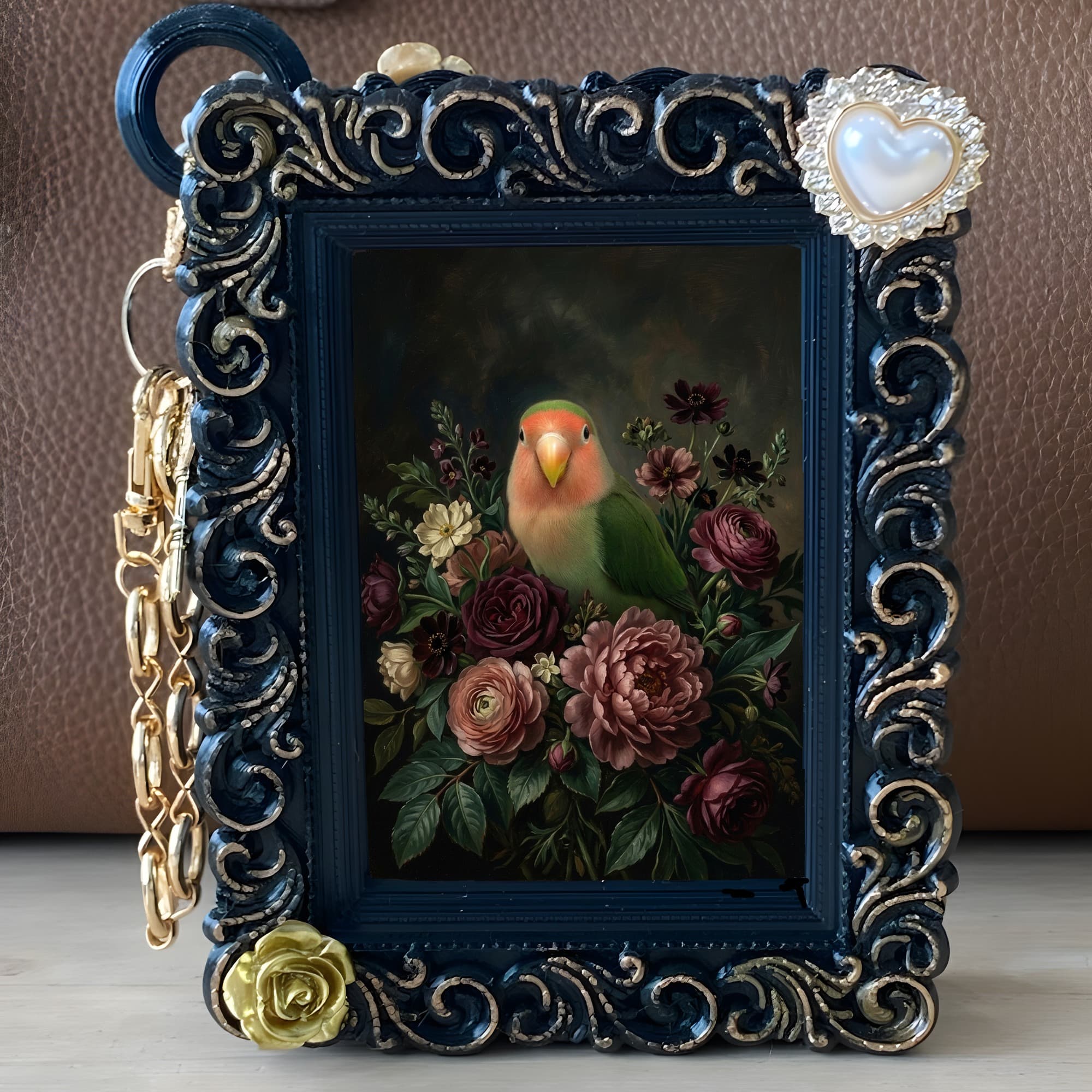 コザクラインコの花の油絵風アート花柄バッグチャーム(ブラック) 5