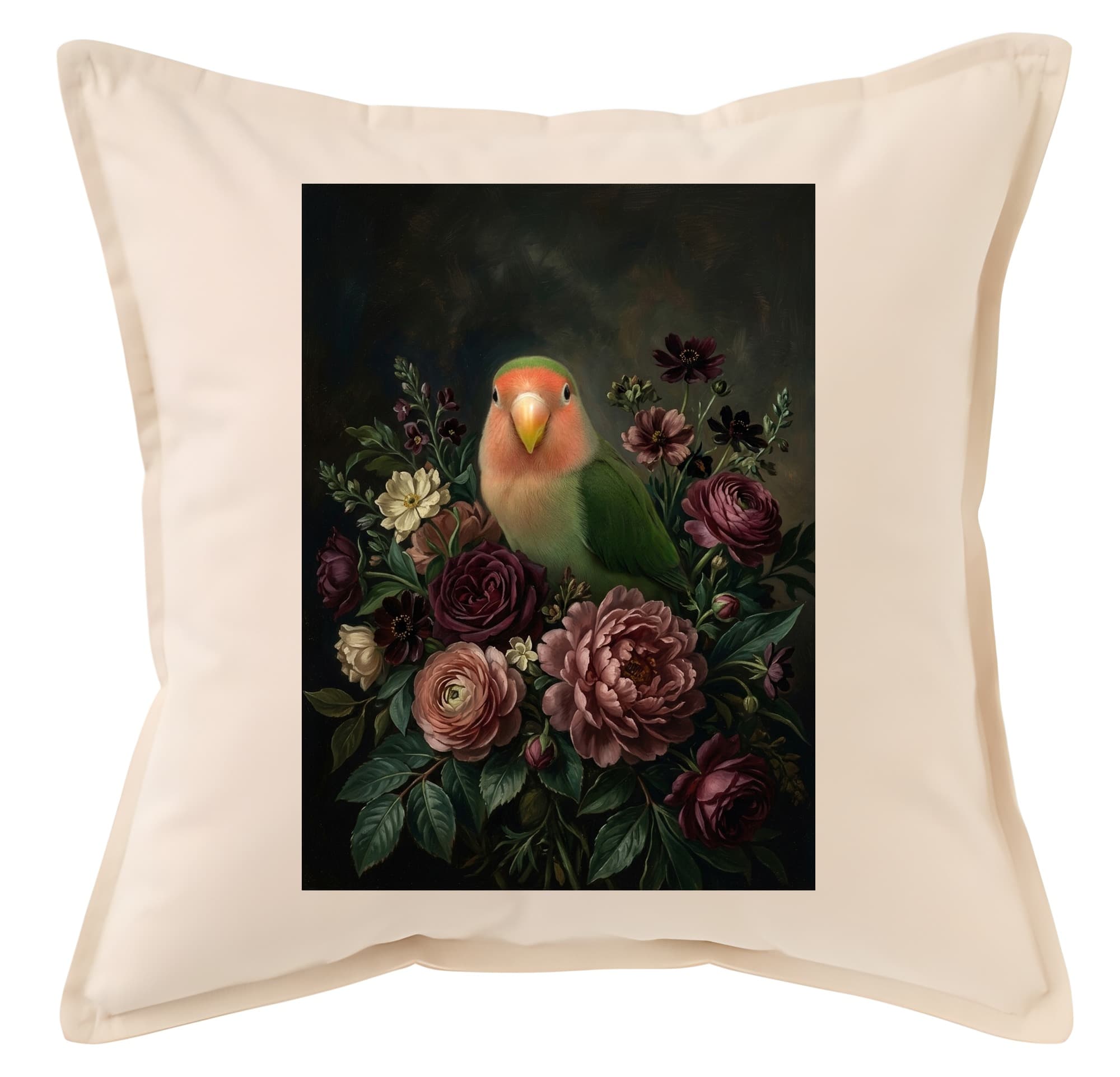 Peach-faced Lovebird Floral Oil-Painting Floral Cushion