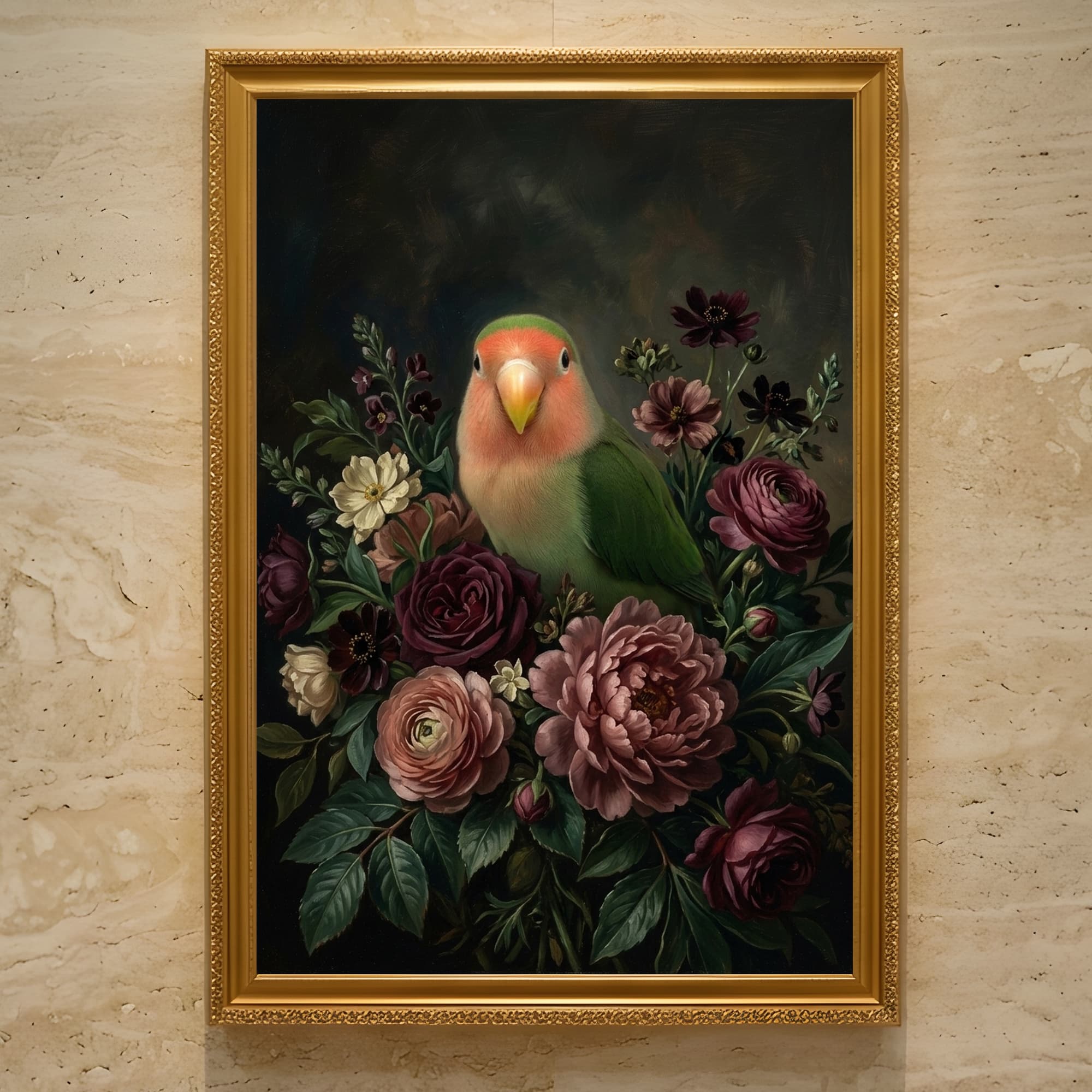 コザクラインコの花の油絵風アート花柄額装プリント(A3サイズ)