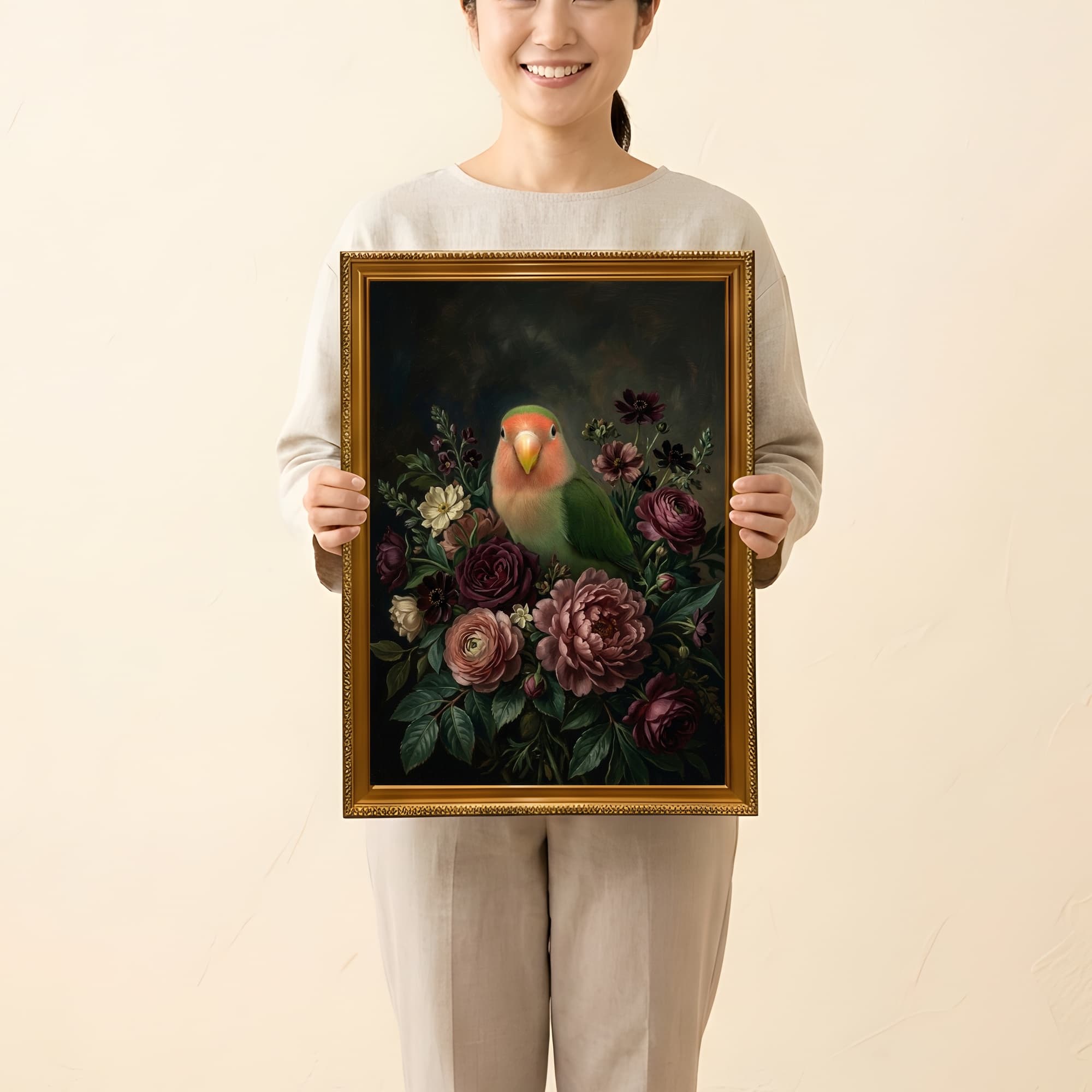 コザクラインコの花の油絵風アート花柄額装プリント(A3サイズ) 2