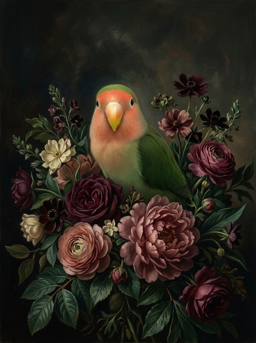 コザクラインコの花の油絵風アート花柄額装プリント(A3サイズ) 4