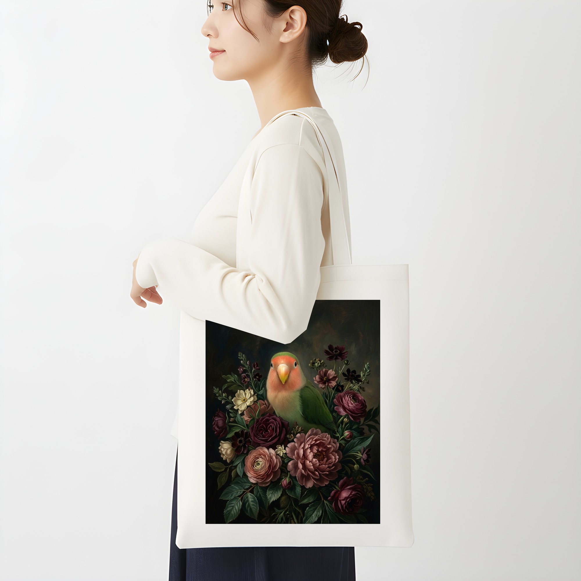 コザクラインコの花の油絵風アート花柄トートバッグ 2