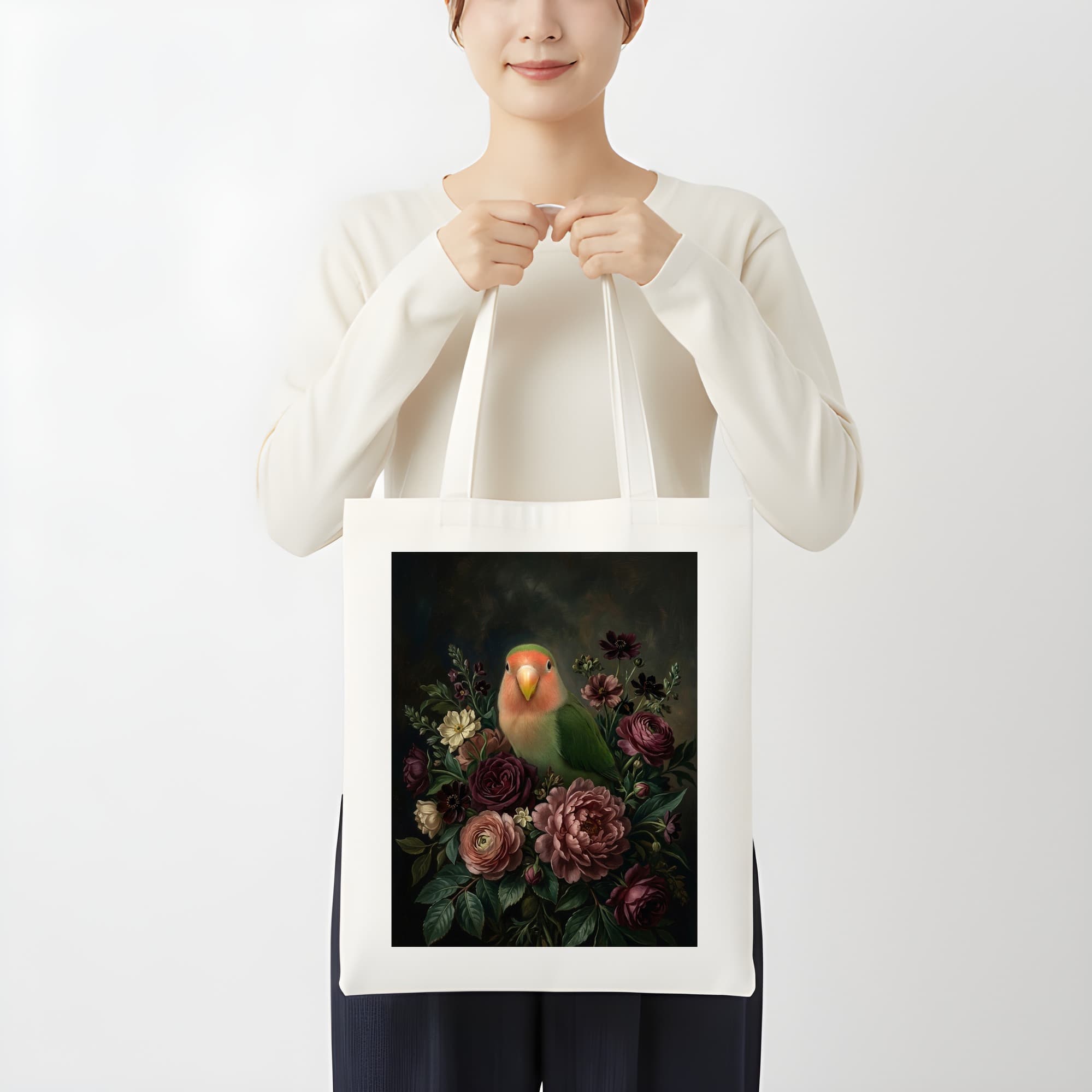 コザクラインコの花の油絵風アート花柄トートバッグ 3