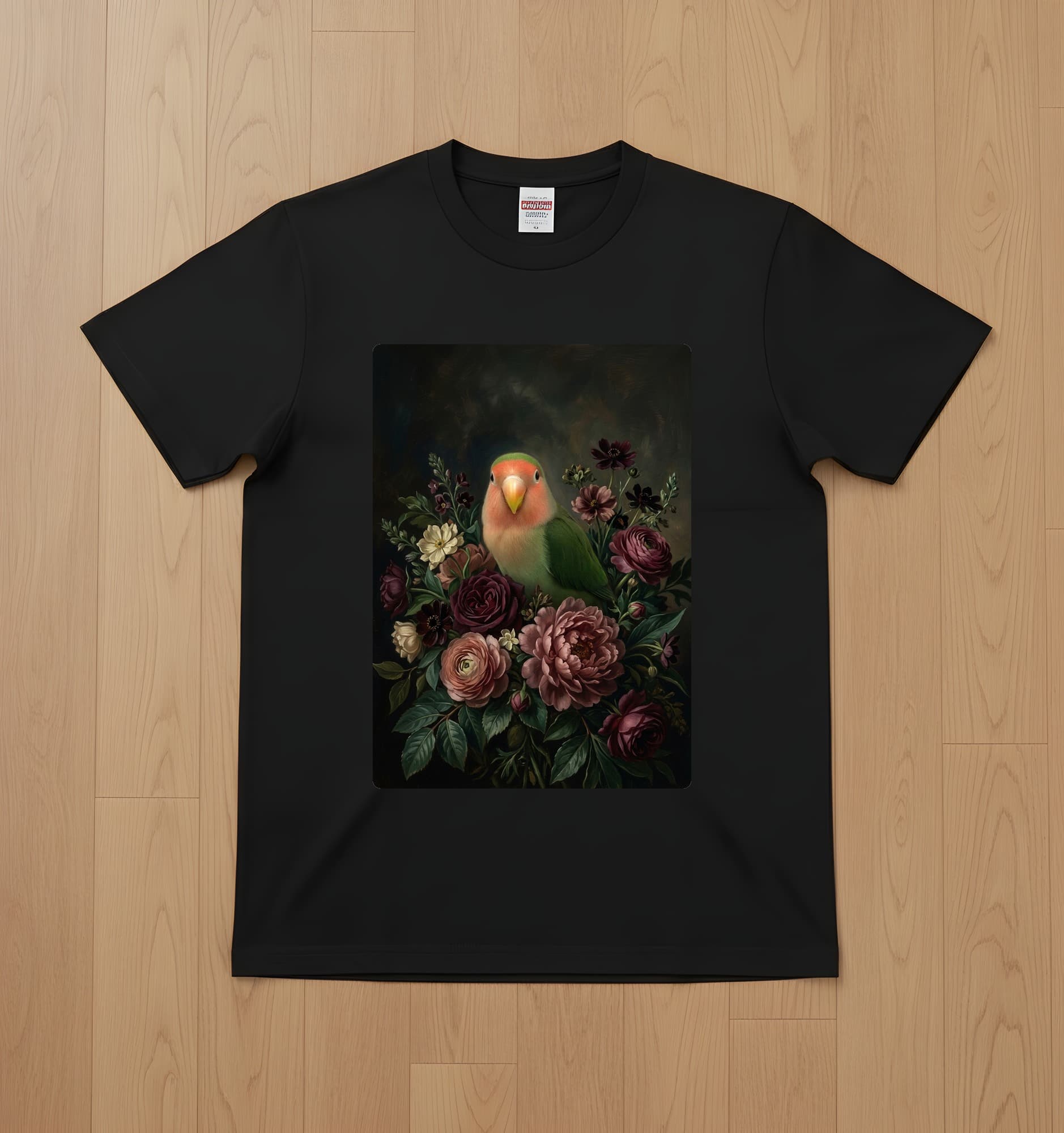 コザクラインコの花の油絵風アート花柄Tシャツ(ブラック)
