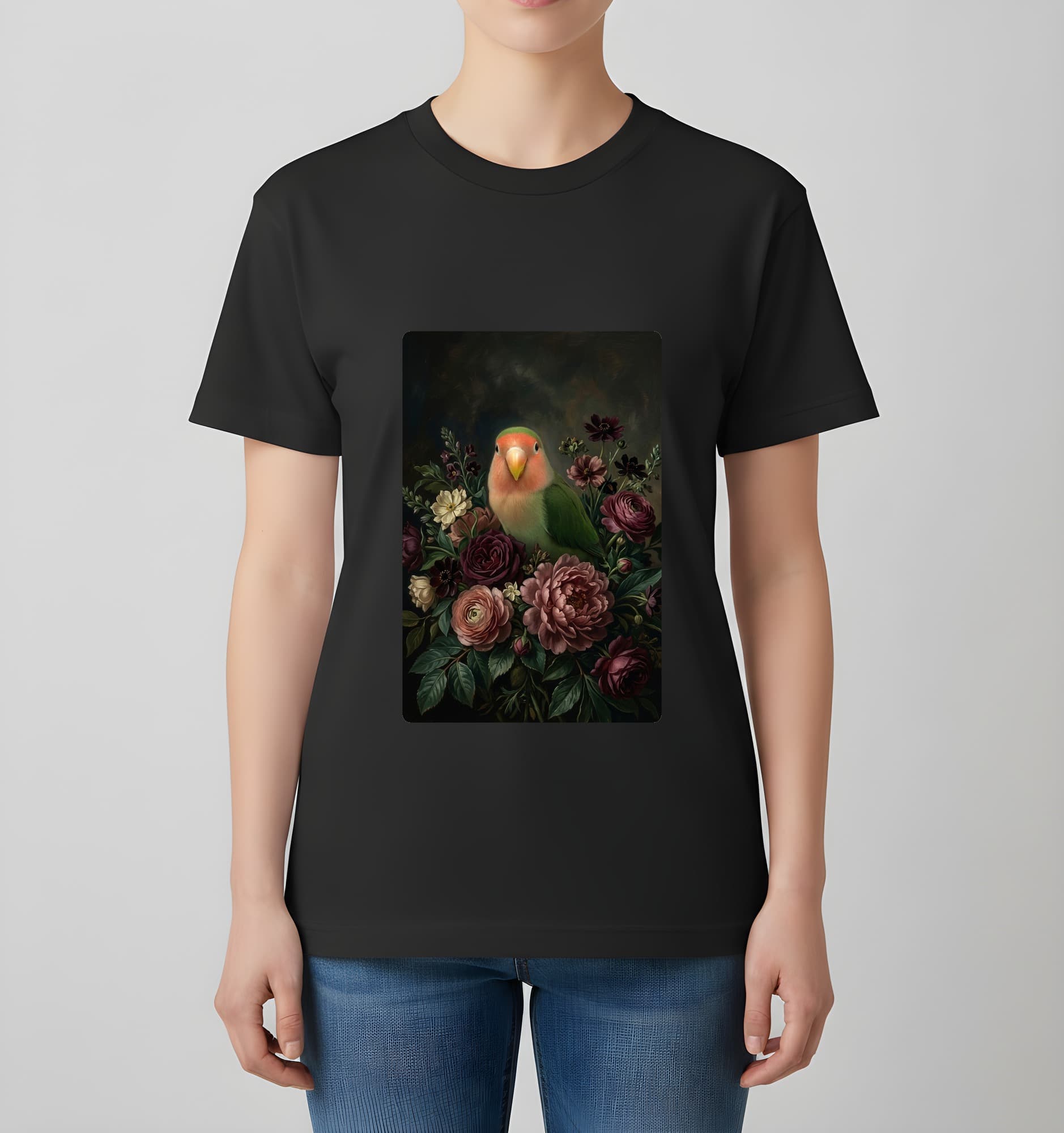 Peach-faced Lovebird Floral Oil-Painting Floral T-Shirt (Black) 4