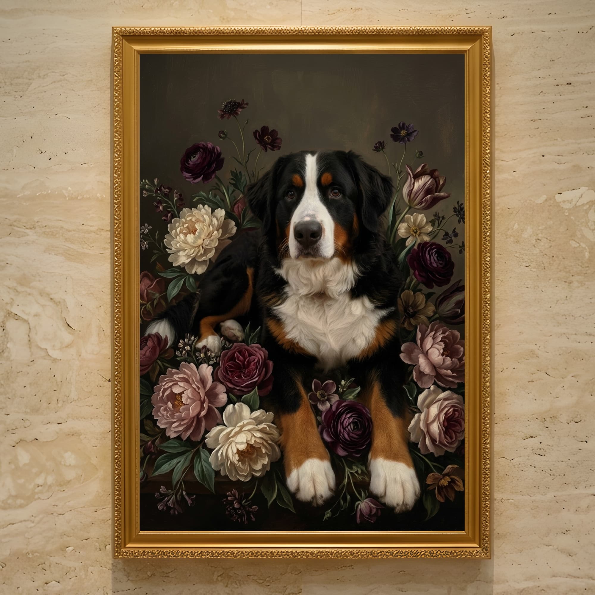 バーニーズマウンテンドッグの花の油絵風アート花柄額装プリント(A3サイズ)