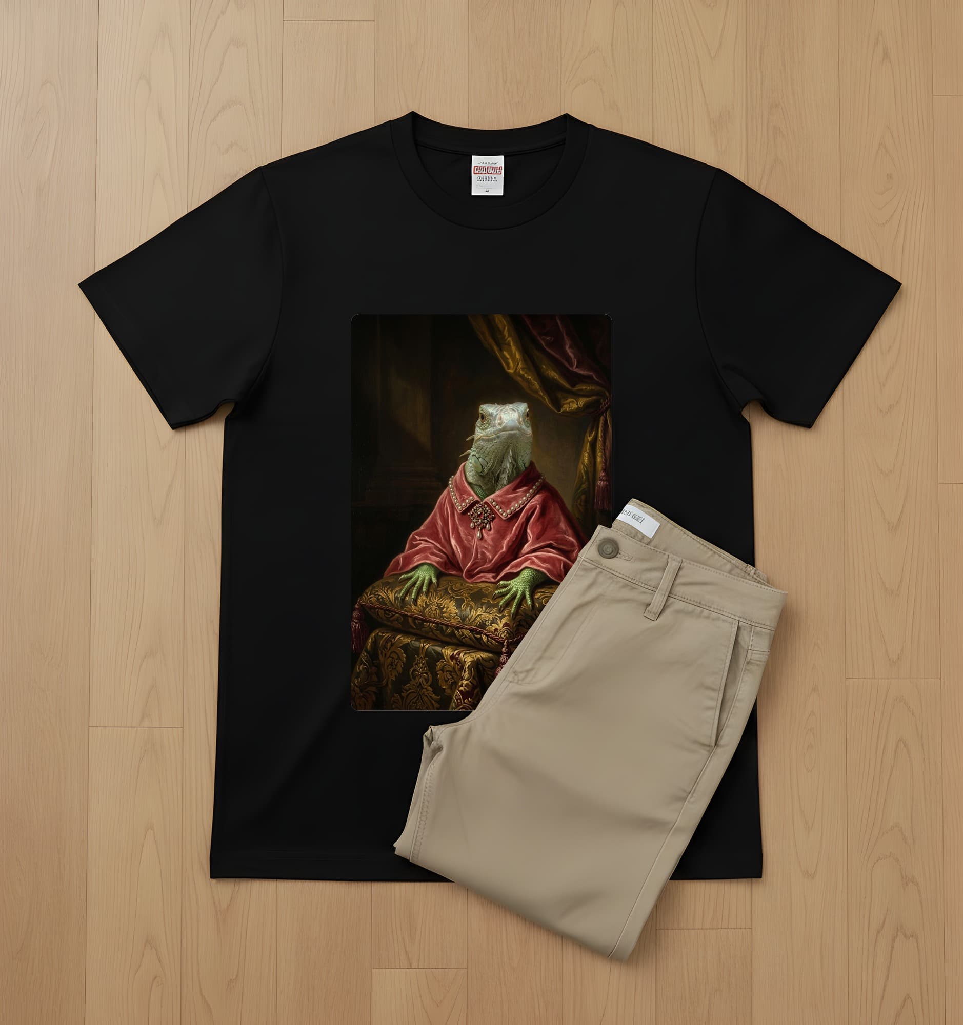 グリーンイグアナのルネサンス肖像画Tシャツ(ブラック・カラープリント・額縁なし) 2