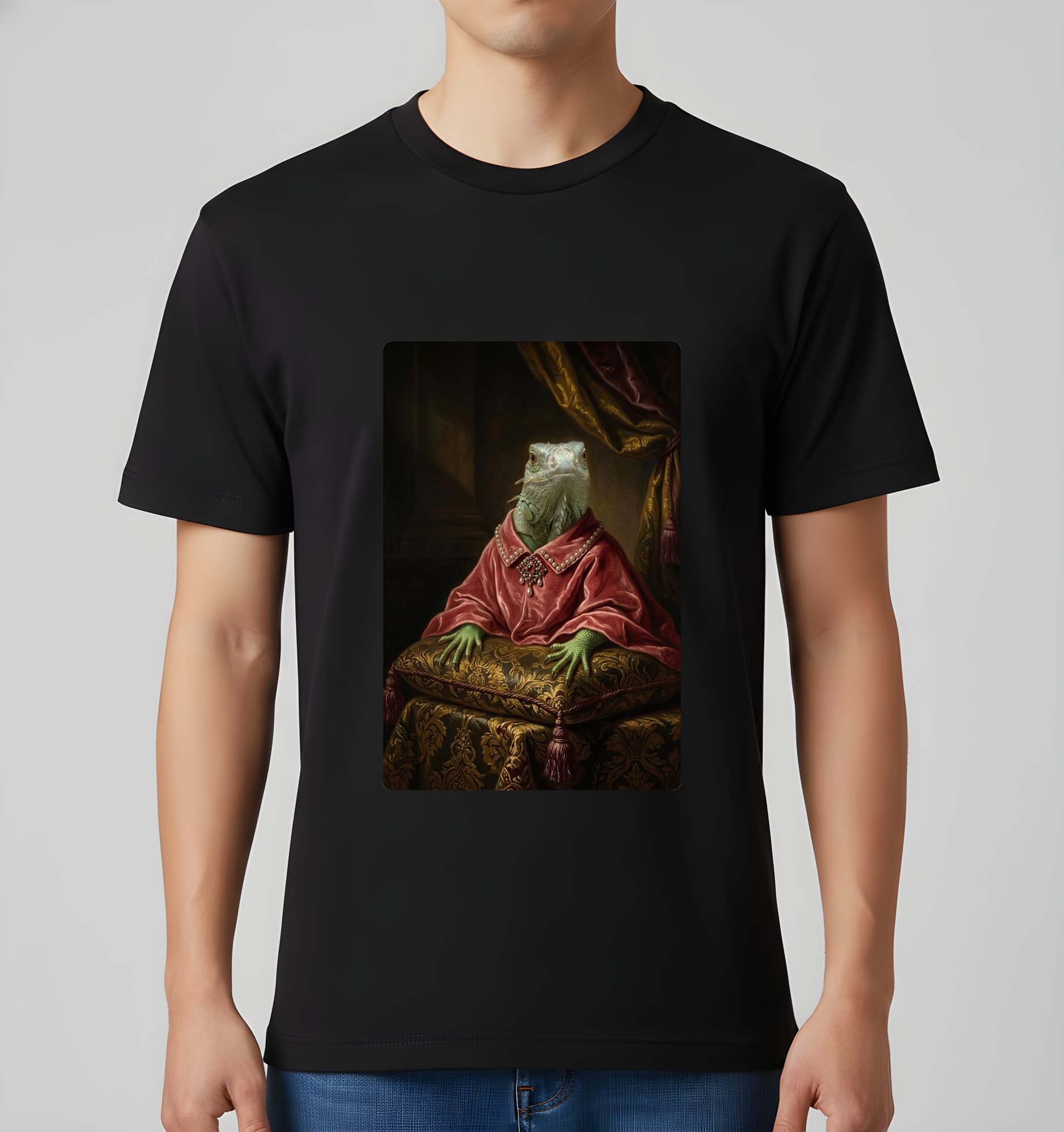 グリーンイグアナのルネサンス肖像画Tシャツ(ブラック・カラープリント・額縁なし) 3