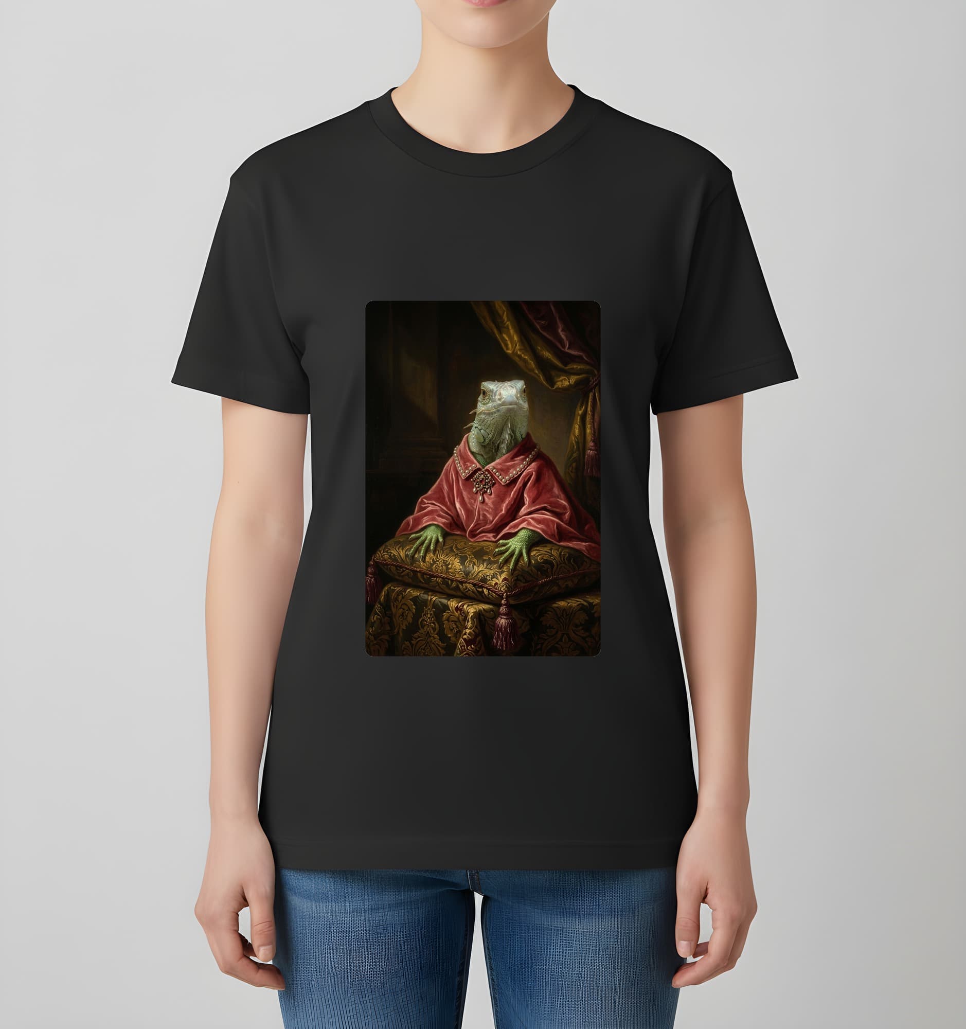 グリーンイグアナのルネサンス肖像画Tシャツ(ブラック・カラープリント・額縁なし) 4