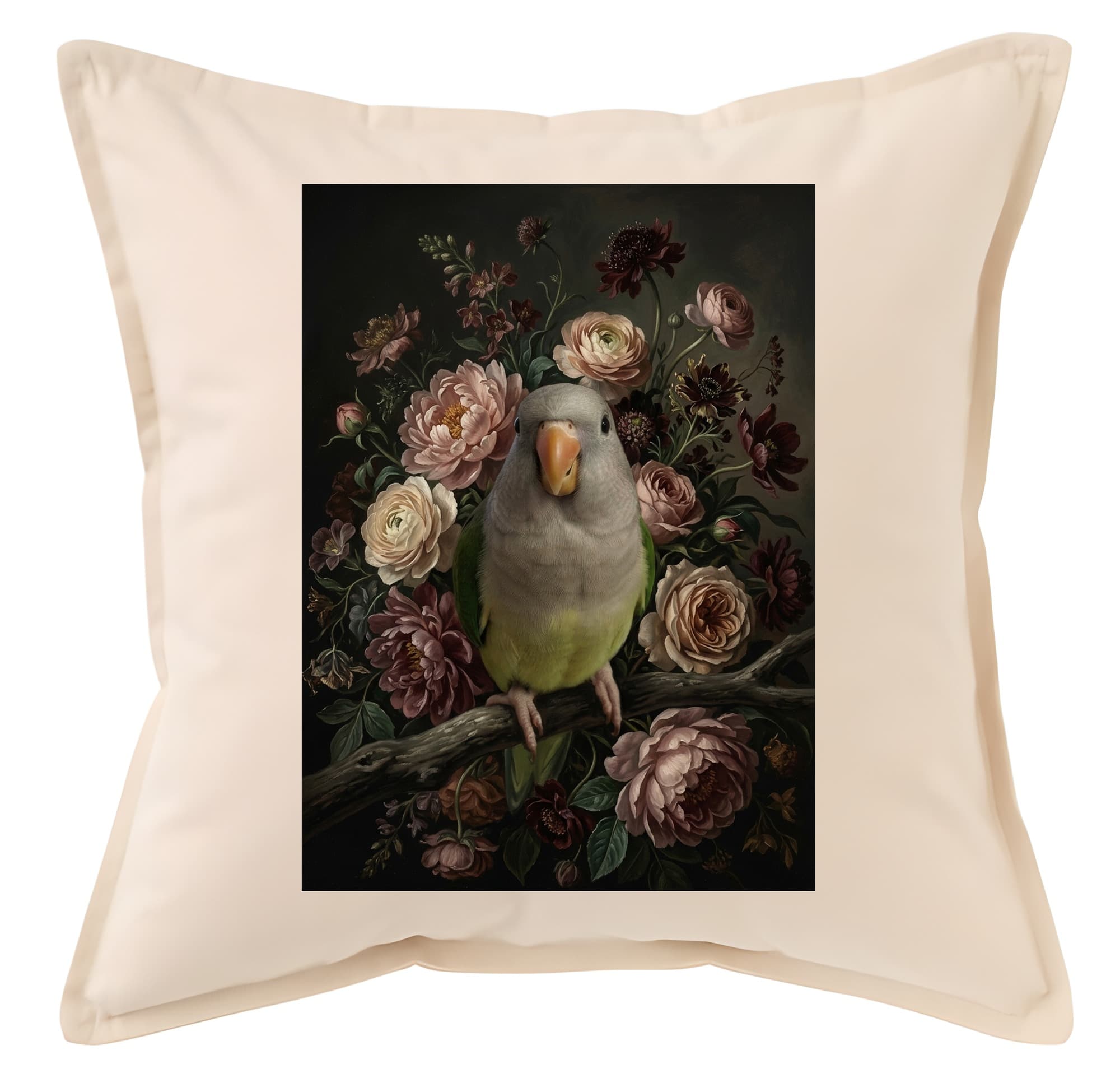オキナインコの花の油絵風アート花柄クッション