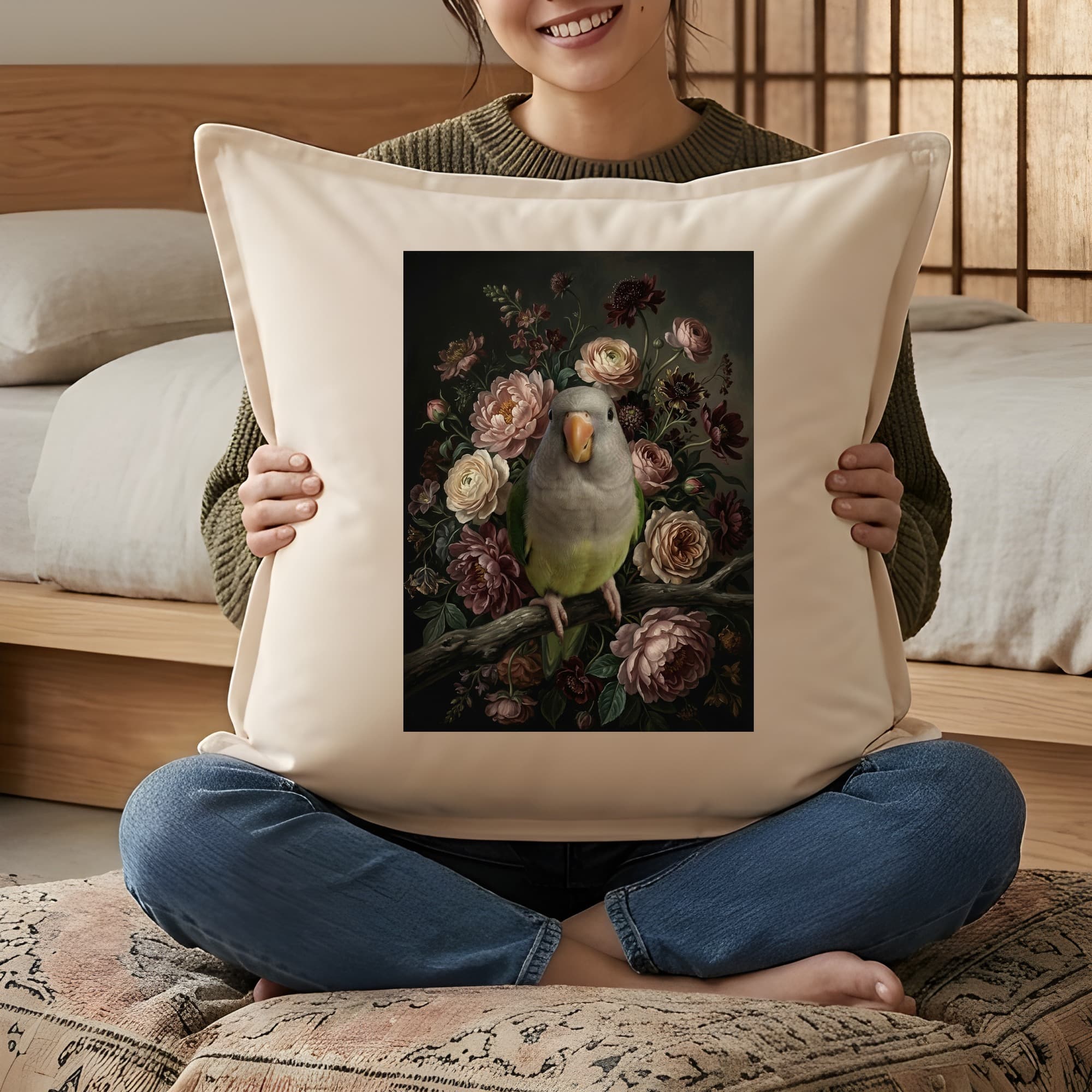 オキナインコの花の油絵風アート花柄クッション 3