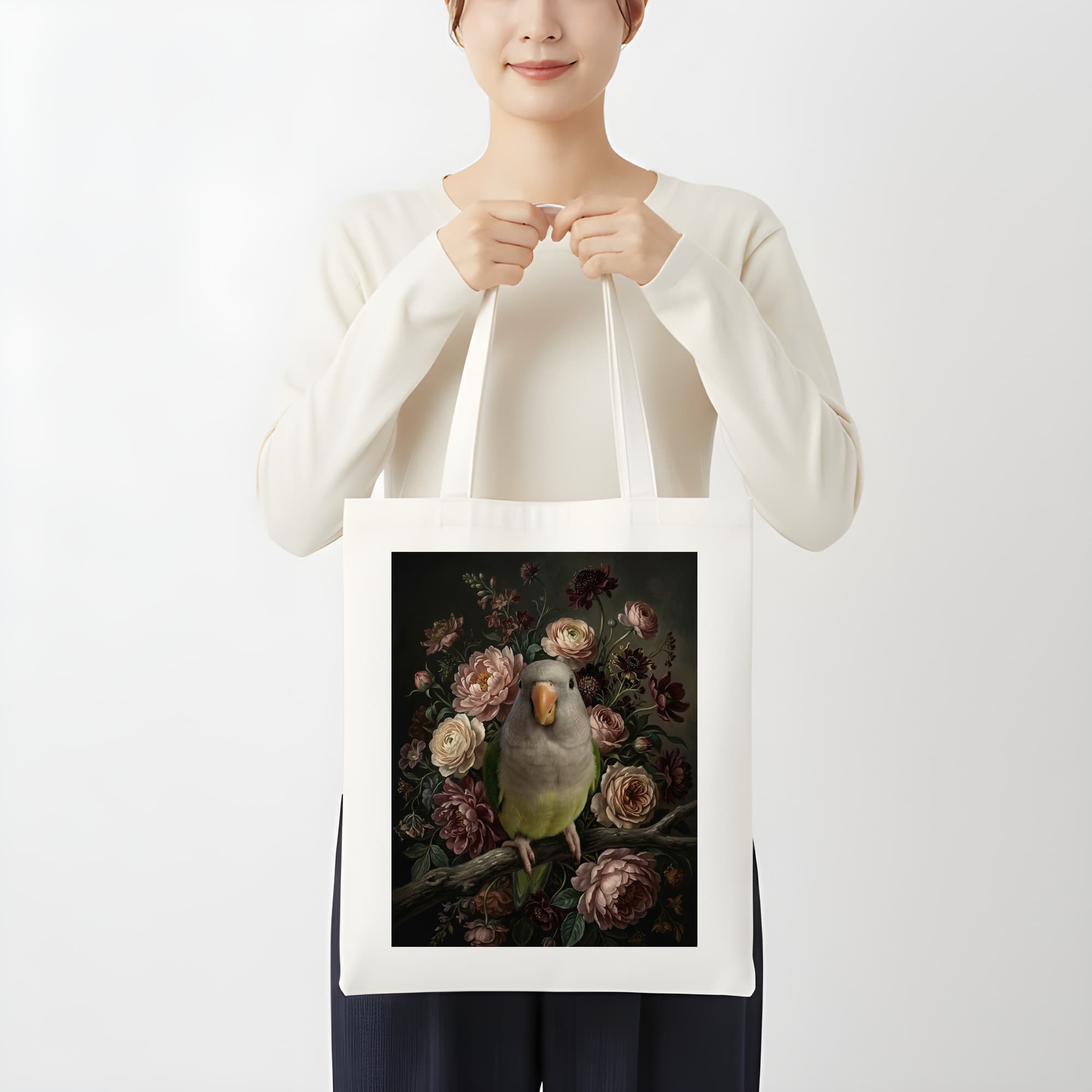オキナインコの花の油絵風アート花柄トートバッグ 3