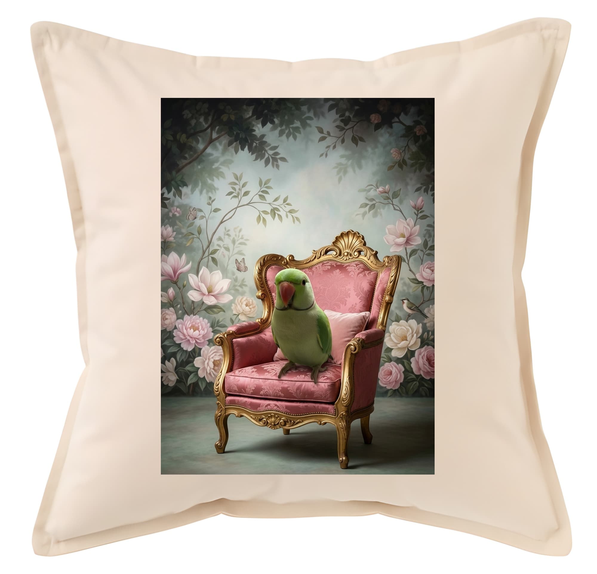 Indian Ringneck Parakeet Shabby Pink Oil-Painting Rococo Cushion