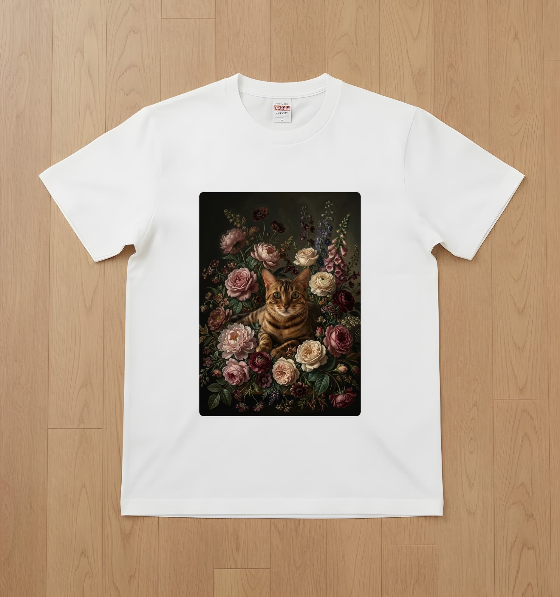 ベンガルの花の油絵風アート花柄Tシャツ(ホワイト)