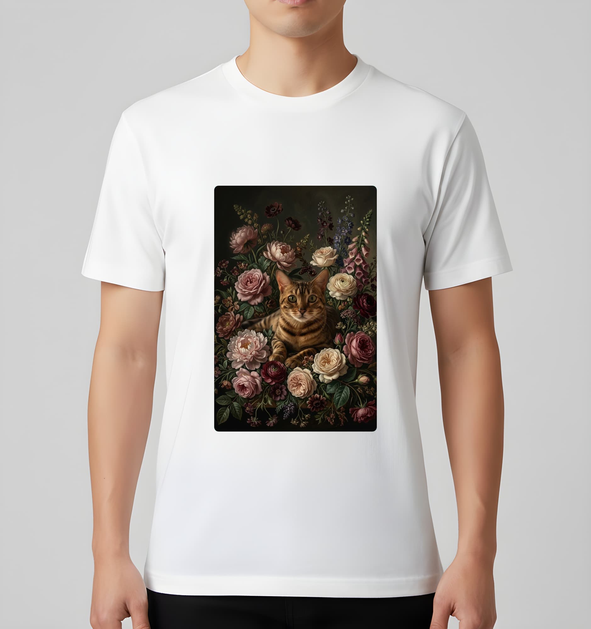 ベンガルの花の油絵風アート花柄Tシャツ(ホワイト) 3