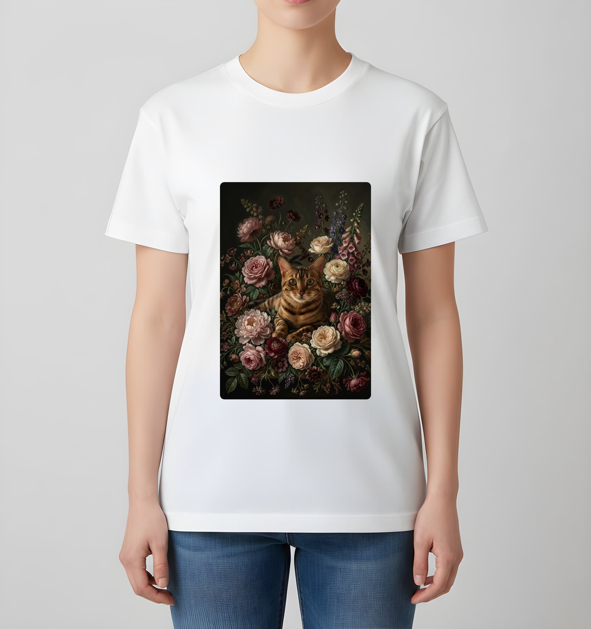 ベンガルの花の油絵風アート花柄Tシャツ(ホワイト) 4